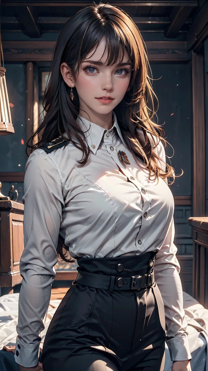 (Highest Resolution, clear_image) Highest quality, Single, One Woman, alone, masterpiece, Very detailed, Semi-realistic, Black short hair, Black Hair, bangs, 18-year-old, mature, light blue uniform, uniform, Indoor Background, kind, Authoritative, Powerful, Exquisite facial features, Exquisite facial features、Cowboy Shot