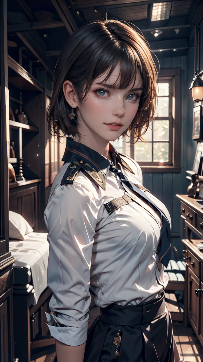 (Highest Resolution, clear_image) Highest quality, Single, One Woman, alone, masterpiece, Very detailed, Semi-realistic, Black short hair, Black Hair, bangs, 18-year-old, mature, light blue uniform, uniform, Indoor Background, kind, Authoritative, Powerful, Exquisite facial features, Exquisite facial features、Cowboy Shot