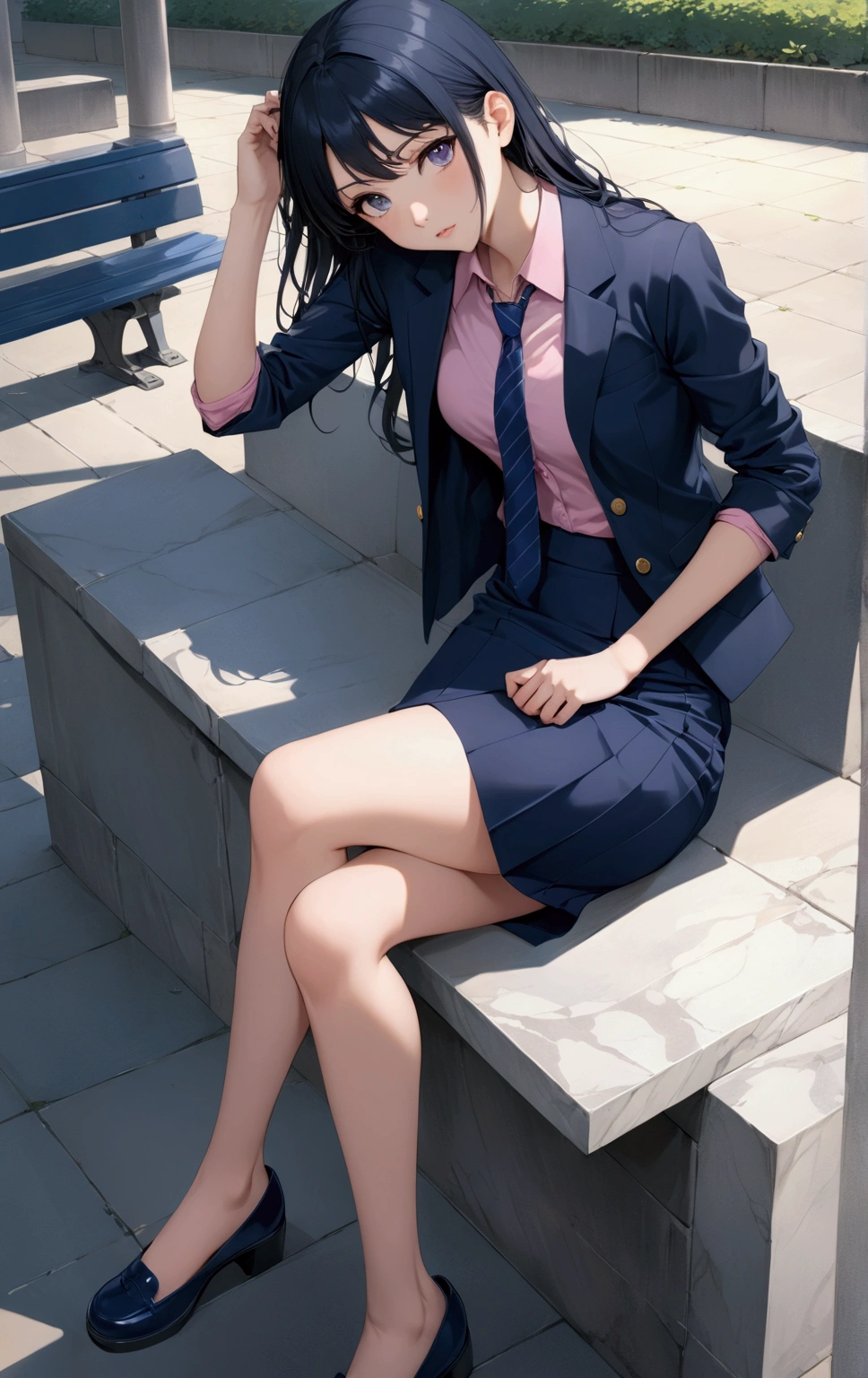 realistic anime illustration of beautiful teenage girl is sitting on school 's marble bench, she has black long hair, she wearing navy-blue blazer outer, pink shirt, navy-blue necktie, navy-blue pencil skirt, and black cutshoes, (1girl, solo,full body), (masterpiece, best quality, japanese anime style), BREAK, (navy-blue blazer outer, pink shirt, navy-blue necktie, navy-blue pencil skirt, and black cutshoes)