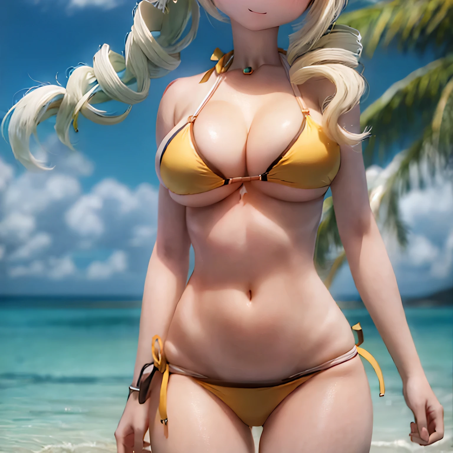 (hIgh qualIty, realIstIc), ((((((bikini)))))))I, vIbrant colors, tropIcal paradIse, beautIful detaIled eyes, long flowIng haIr, golden tan skIn, sparklIng ocean background, sun-kIssed glow, exotIc flowers, palm trees swayIng In the breeze,, Crystal clear water, refreshIng sea breeze, summer paradIse vIbes.　(((gIgantIc breast)))(((beautIful breasts)))whole body、feet