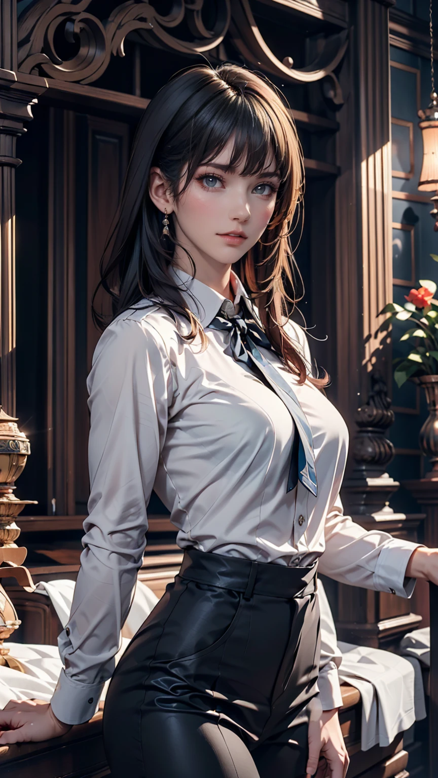 (Highest Resolution, clear_image) Highest quality, Single, One Woman, alone, masterpiece, Very detailed, Semi-realistic, Black short hair, Black Hair, bangs, 18-year-old, mature, light blue uniform, uniform, Indoor Background, kind, Authoritative, Powerful, Exquisite facial features, Exquisite facial features、Cowboy Shot