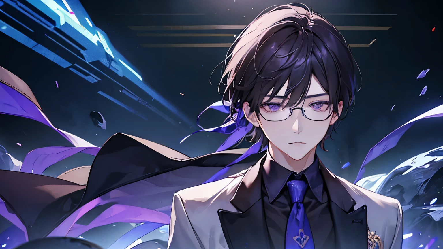 One Man、Rin々Shii、Dark Brown Hair、Short Hair、Purple Eyes、In a suit、Blue tie、The right eye is hidden by bangs、Glasses、Close-up of face、Bookshelf