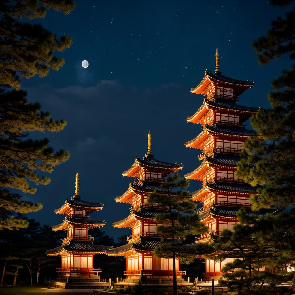 Night view of the five-story pagoda of Horyuji Temple illuminated by moonlight。A quiet night sky spreads out in the background.、Pine trees around the tower々is shaking。The shadow of the tower is reflected on the stone pavement、There is a mysterious and tranquil atmosphere