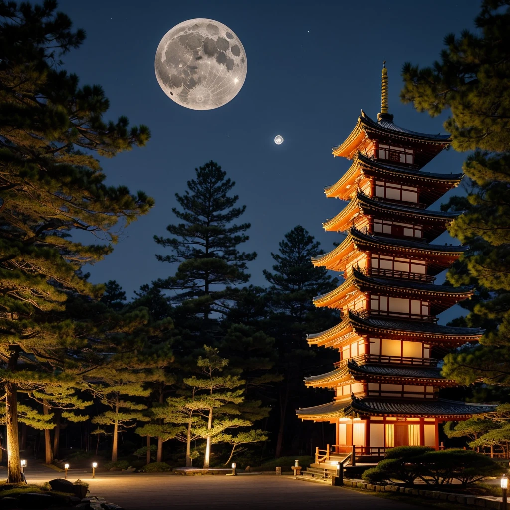 Night view of the five-story pagoda of Horyuji Temple illuminated by moonlight。A quiet night sky spreads out in the background.、Pine trees around the tower々is shaking。The shadow of the tower is reflected on the stone pavement、There is a mysterious and tranquil atmosphere