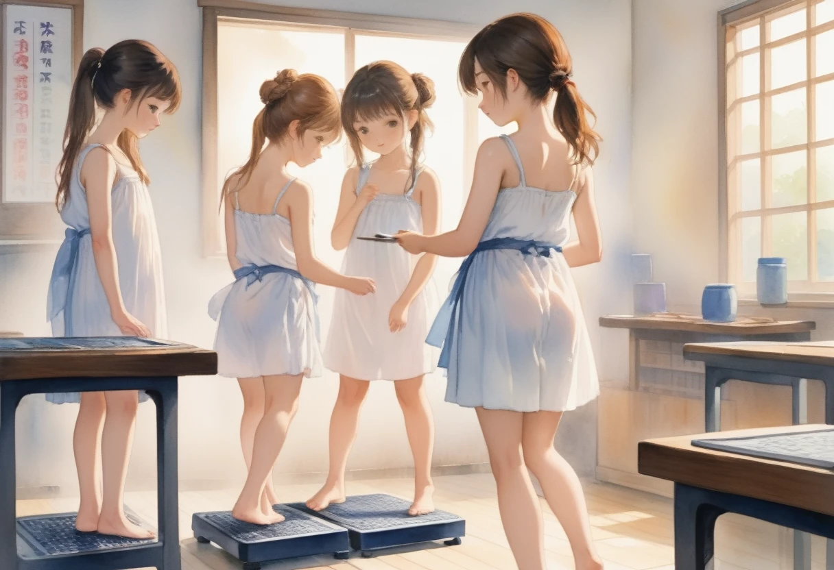 Japanese watercolor painting, 3girls in knee length white chemise, bare arms, bare foot, standing on weight scale, in classroom,