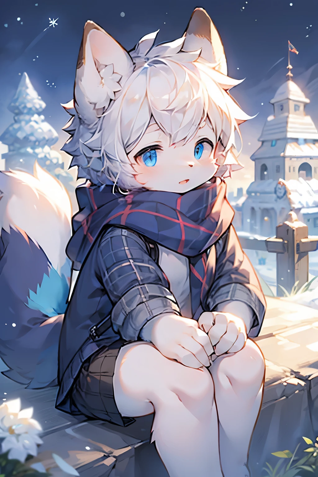 Arctic Fox Girl,Furry girls,Baby characteristics,scarf,Short skirt,Nordic snow mountain background