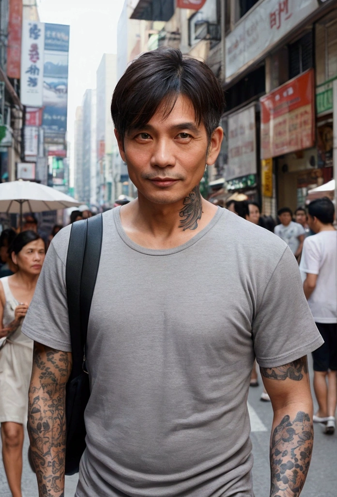 Create an image of a handsome 47 year old man of Thai nationality with short hair and wearing a gray T-shirt. Smart figure, tattooed, crowded city street background. And his facial features are charming and entice women to fall in love. Focus on photography and the surrounding atmosphere. Focus on the individual to stand out. General characteristics of hairstyles and clothing