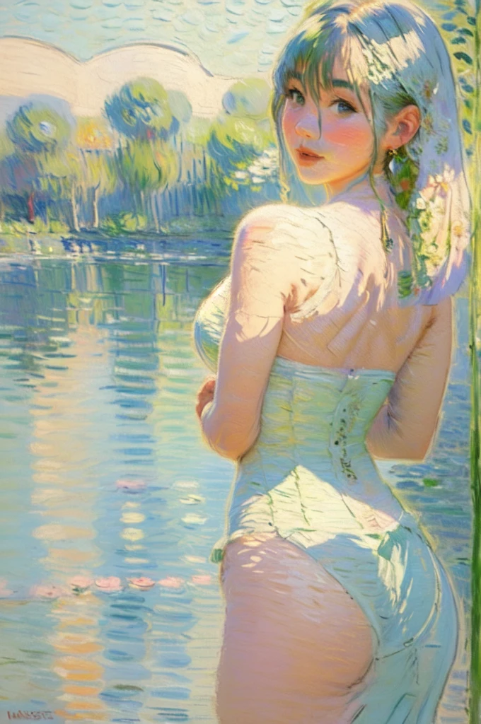 Masterpiece, High quality, illustration, your name movie style, A woman who is, Home, house, suit, Undressing, back, closing her eyes, Smiling, Close up,(Monet, Impresionismo, Oil painting), 002