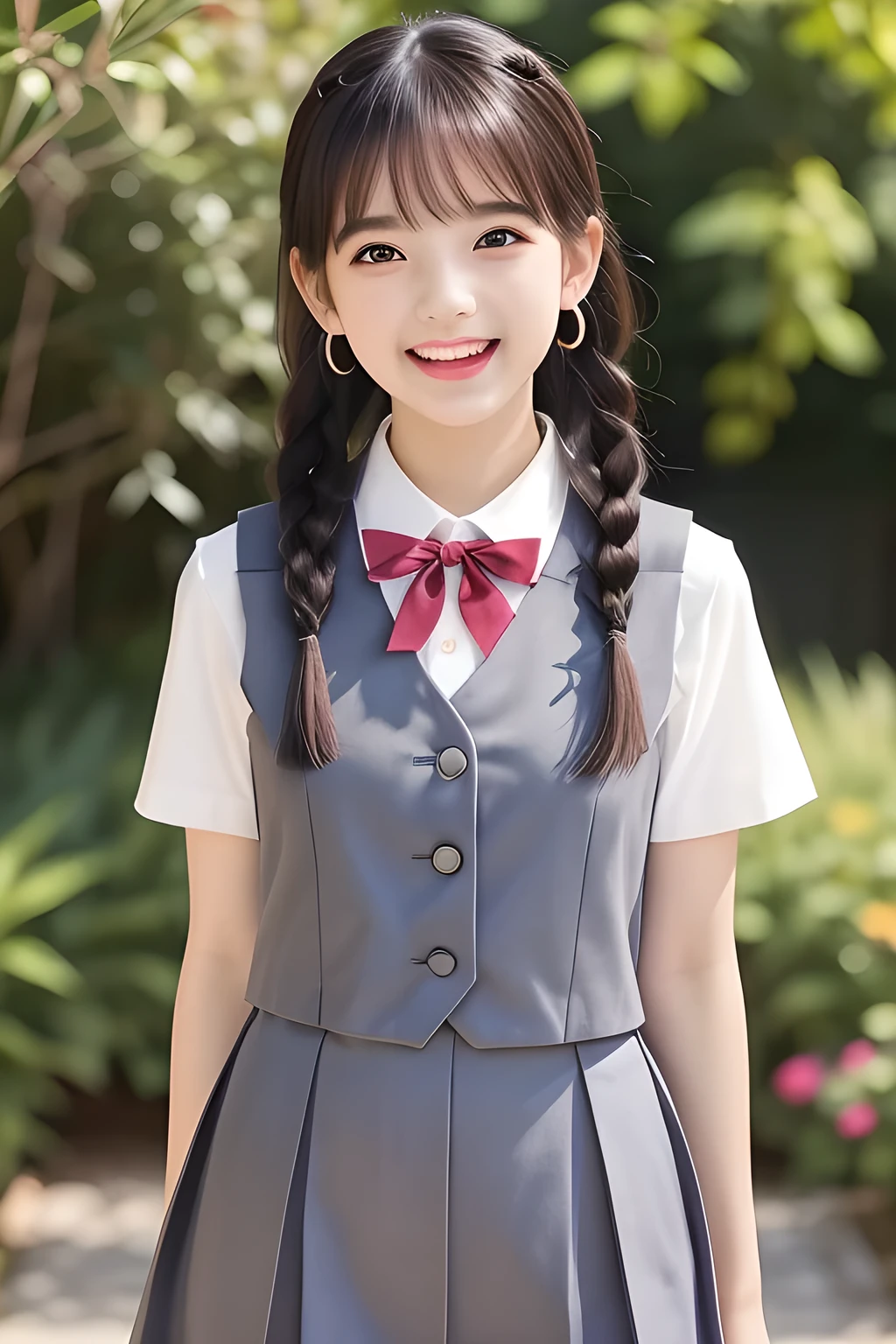 (highest quality, masterpiece, high resolution:1.2), 4K, (Photo quality detailed face: 1.2), (Giorgione painting style: 0.8), geometry, ( yo cute girly Japanese girl: 1.0), Laughing cutely, (neat girly white short-sleeves school blouse: 1.0), (puffed short sleeves: 1.0), (Dark red glossy school ribbon on the breast: 1.0), (Gray Japanese school girly vest Uniform: 1.2), (Can't stop laughing, Extremely laughing cheeks: 1.4), (Beautiful light-amber-cute-girly large clear eyes with detailed cutely: 1.2), (Long bottom eyelashes: 1.0), (Expressing the greatest joy with her whole body: 1.5), (Glossy lips: 1.0), (braids under her ears: 1.0), (cute earrings), (Inviting me into the heaven: 1.0), (white and clear skin: 1.0), (Laughing cute noble dolly beautiful French 8yo fashion model girl's eyes: 0.8)