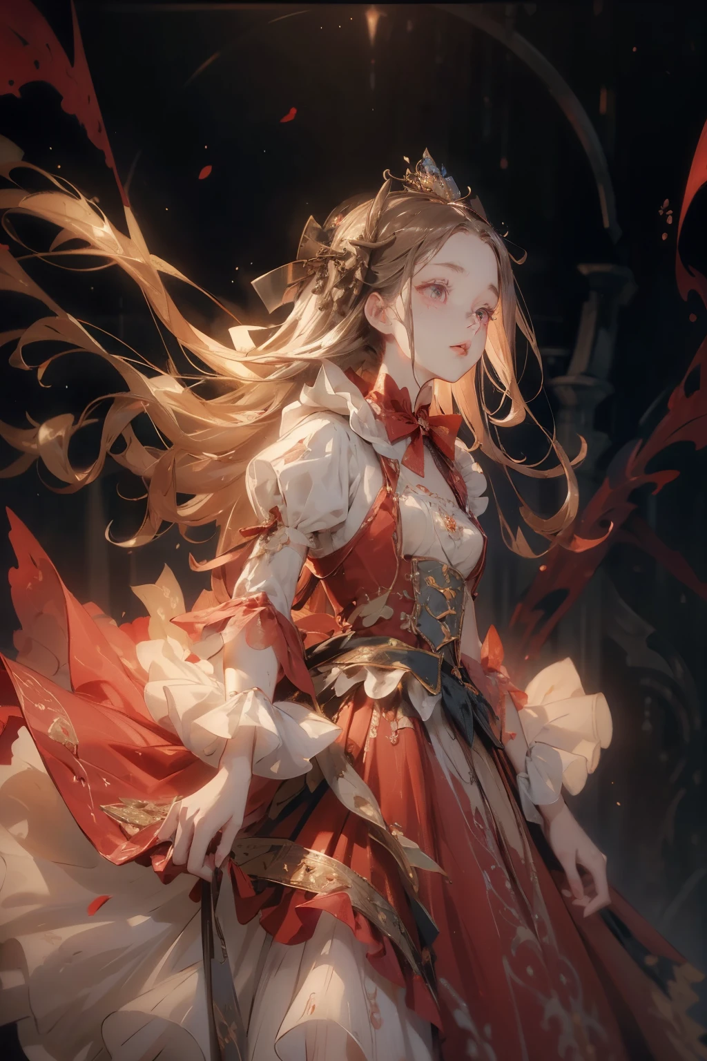 (((masutepiece, of the highest quality, super detailed))), hand drawn style, hand painted style, watercolour, sketch, a knight, (flat chest:1.1), Bloodborne inspired, tatty Bloodborne attire, occult aesthetic, occult, tatty red and white clothing detailed and intricate steampunk and detailed gothic ta (with a hood), long coat, Complex laced boots, Fluttering lace flared long knee length dress with frilly petticoats, long dress, knee length dress, pleated petticoats, loliress, petticoats gothic lolita, tiful small breasts, (((( Highly detailed face))), (((Very sharp focused eyes))), very long eyelashes, Very dramatic and cinematic lighting, tatty damaged old red and white clothing, full body, whole body, body, cosmic horror, grim dark