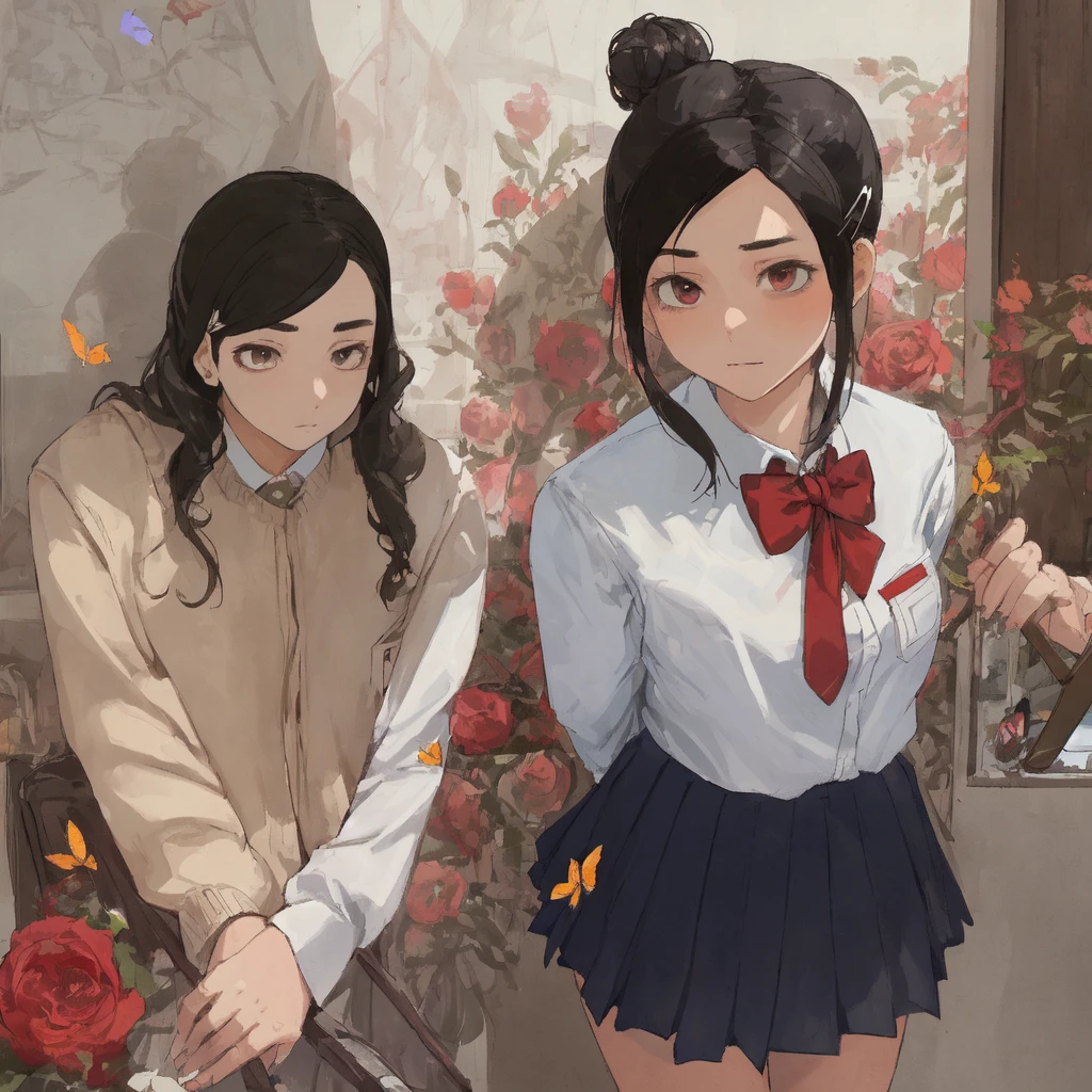 Brownish black hair, Iris, Fair skin, Attractive facial features, expensive, Confidence and strength, high school girl, school uniform, Hair Bun, With hairpin, Red Rose, Blue Butterfly, White Rabbit, signboard, Official Quality, mysterious, Light and shadow, Correct Proportions, aesthetics, The world of sweets
