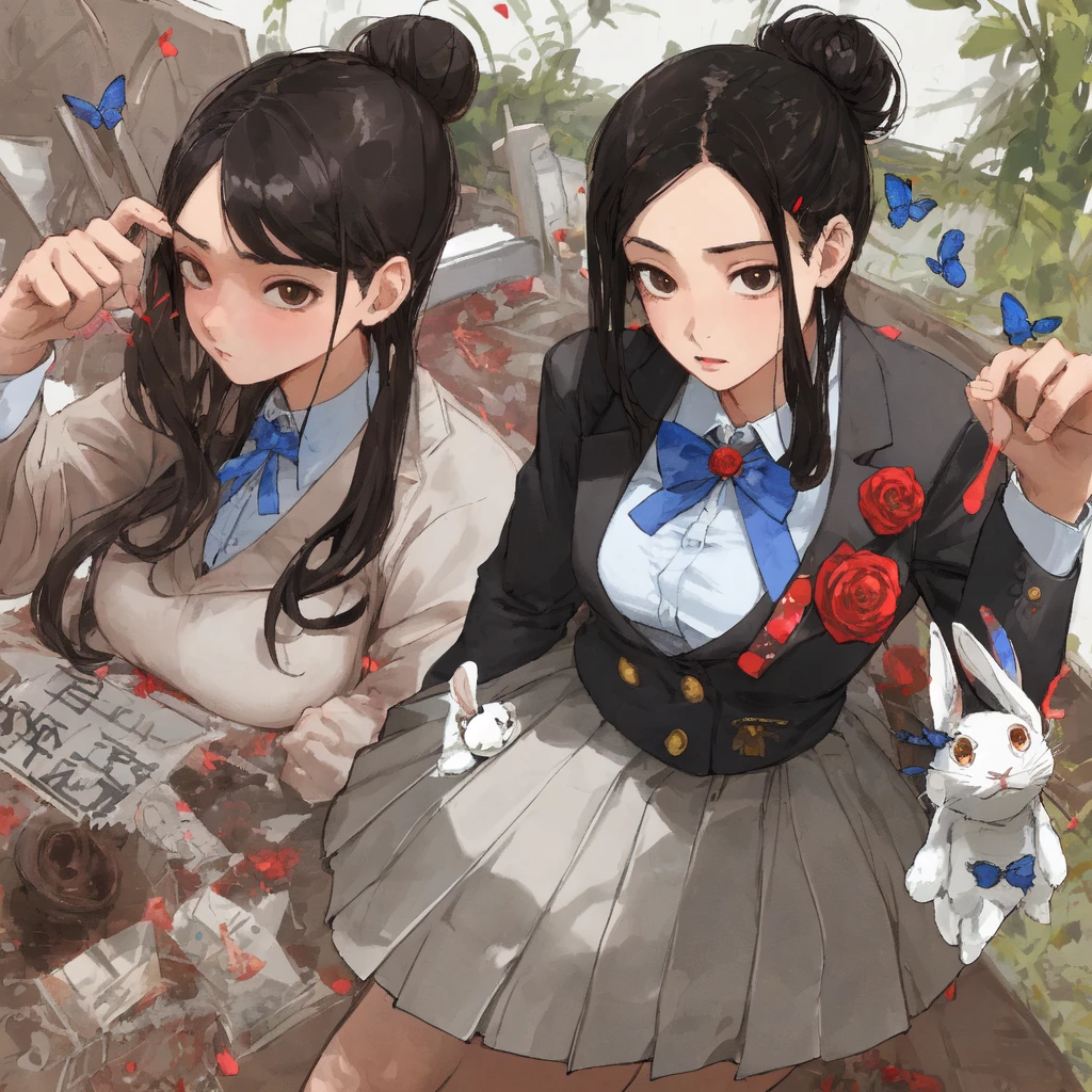 Brownish black hair, Iris, Fair skin, Attractive facial features, expensive, Confidence and strength, high school girl, school uniform, Hair Bun, With hairpin, Red Rose, Blue Butterfly, White Rabbit, signboard, Official Quality, mysterious, Light and shadow, Correct Proportions, aesthetics, The world of sweets