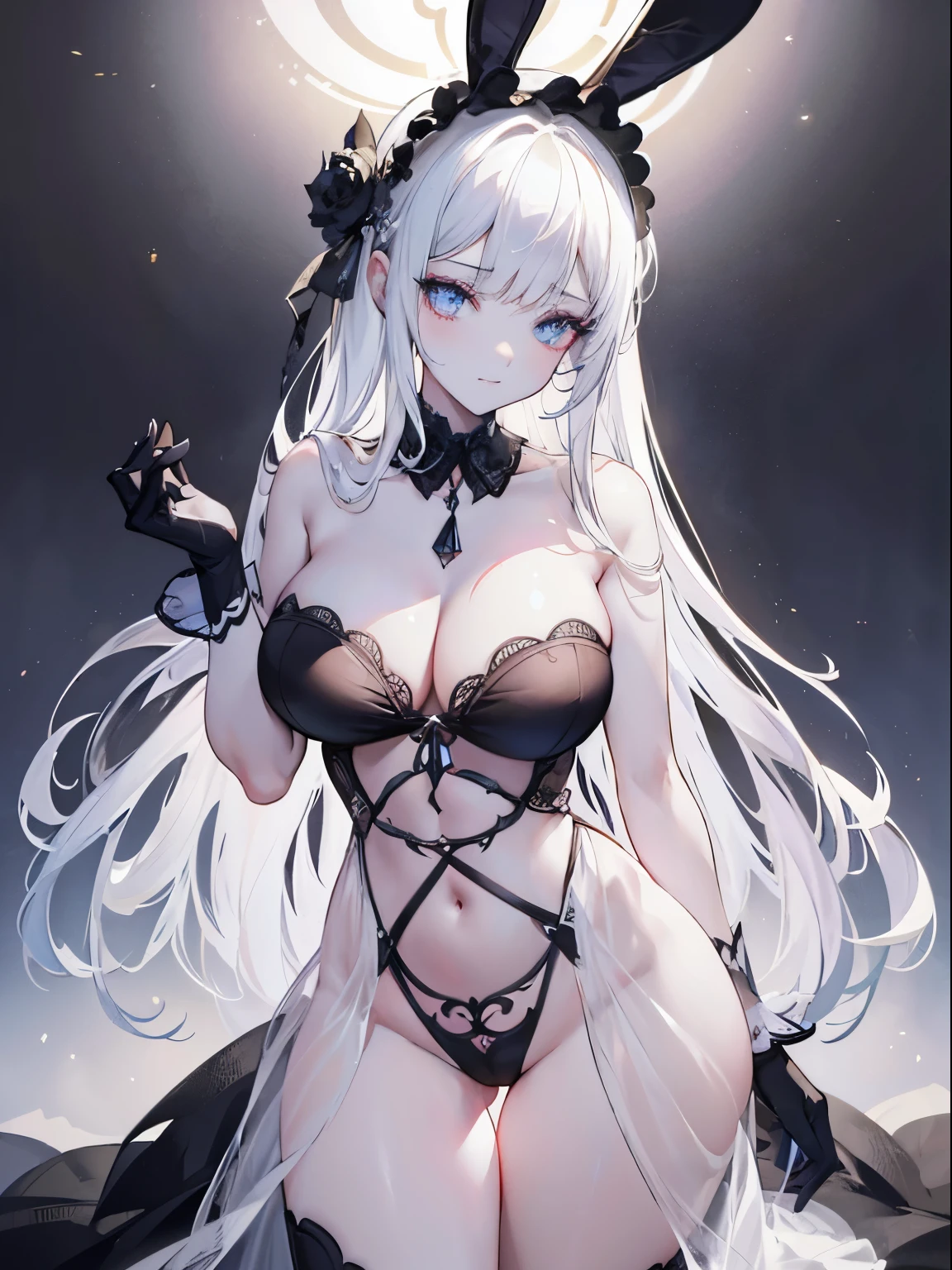 Girl with La Catrina makeup, View from above with a devilish grin, White Hair, Cleavage, Perfect breasts, Big Ass, whole body, {Highly detailed 8k CG unit wallpaper} , Vast landscape photography, (A low perspective that focuses on the characters and the setting), (Wide open view), (Low angle shot), (highlight: 1.4), (Low Light: 1.5), ( Warm light source: 1.5), Intricate details,, (Bright lighting), (Atmospheric lighting), dream-like, NFSW, Sensual pose, erotic,,Standing posture,Long Hair,,((naked)),Black gloves,White bunny ears headband,