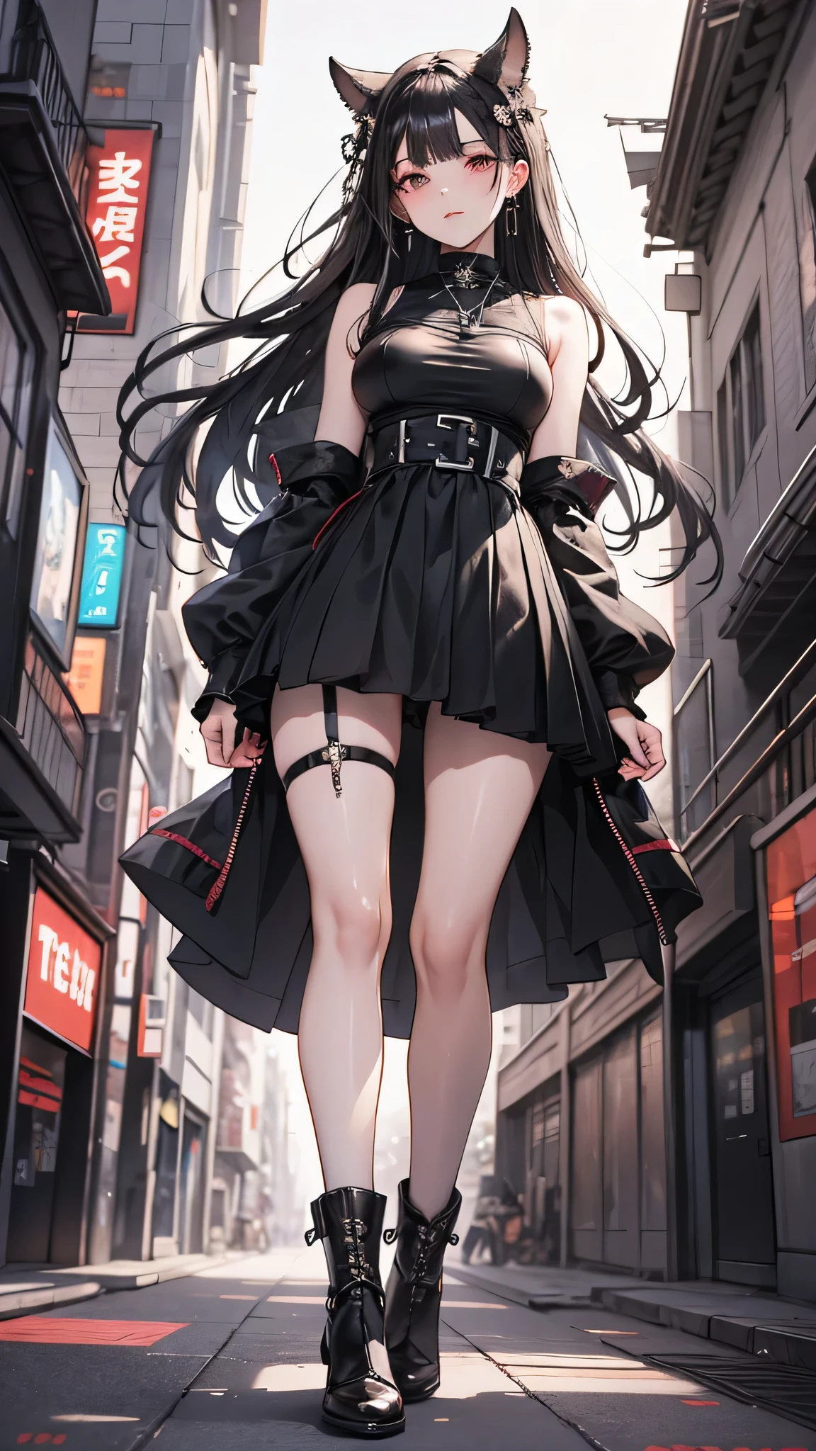 Anime girl standing on a city street wearing a leather skirt and black erotic underwear, Ilya Kuvshinov with long hair, Guviz style artwork, Anime Art Wallpapers 8K, (Beautifully detailed face),(Beautiful attention to detail),Art Station「Pysif」Mr. Gwitz, ピシブArt Stationのグウィズ, Cyberpunk anime art