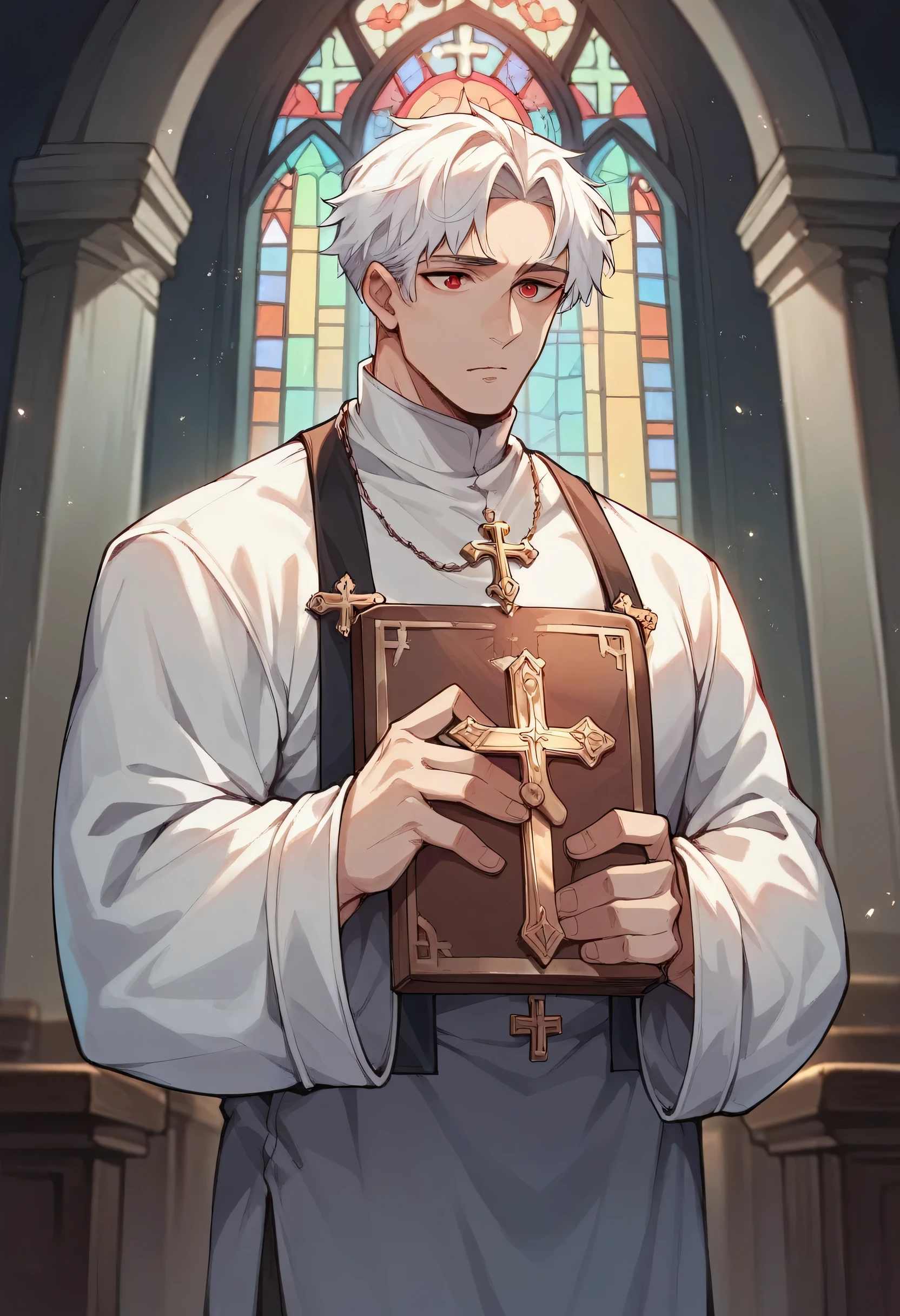 A priest has long white hair, with two bangs. He has red eyes and wears a typical priest's outfit. He is a grown man, holding a bible, standing in church.