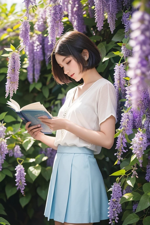 Beautiful woman standing under a wisteria trellis、20 years old、((Looking down))、((is reading a paperback book intently))、((short hair))、White blouse and light blue skirt、Backlight、Professional photography with attention to detail、Natural skin color