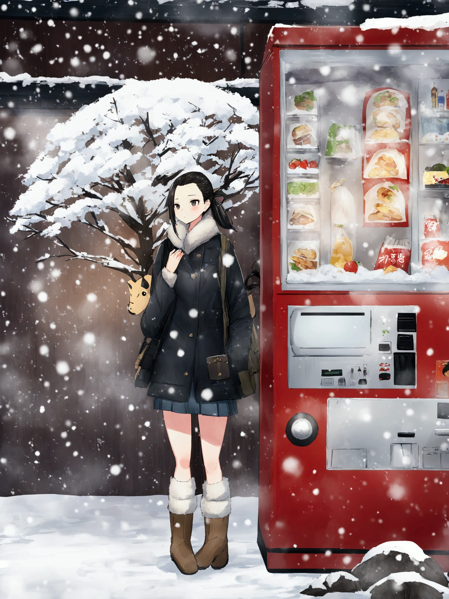 araffe woman standing in front of a vending machine in the snow, (ponytail forehead hair pulled back:1.3), (black hair:1.3), anime style mixed with fujifilm, snowing, in the snow, heavy winter aesthetics, snowy day, snowing outside, ❤🔥🍄🌪, by Torii Kiyomoto, snow fall, in snow, weather photography, during snowfall, snowfall, inspired by Kaii Higashiyama, from girls frontline, fine details. girls frontline, anya from spy x family, girls frontline universe, girls frontline style, girls frontline, girls frontline cg, yayoi kasuma, female protagonist 👀