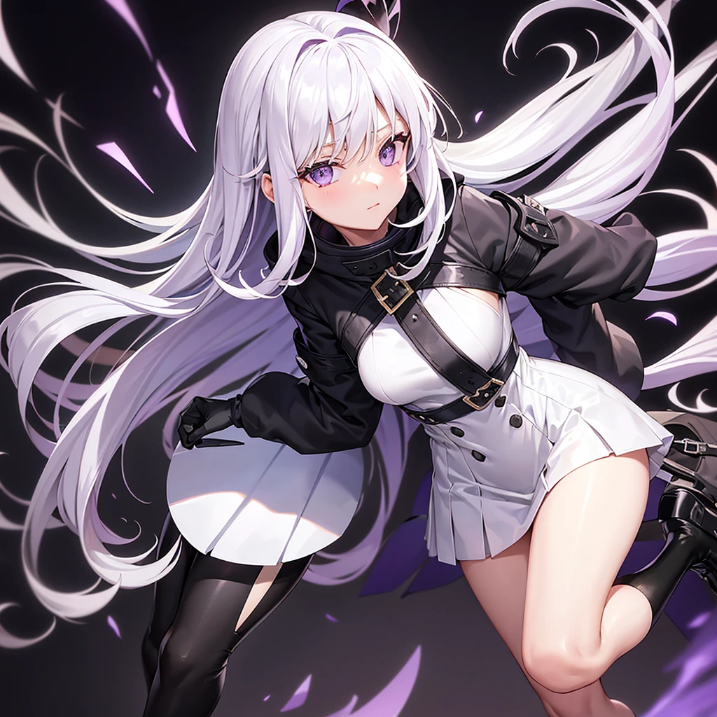 lilac eyes, waist-length white hair, white knee-length skirt, black tights, black jacket with a hood, purple rose on her head in her hair, black boots, black gloves, Fire, 8K,