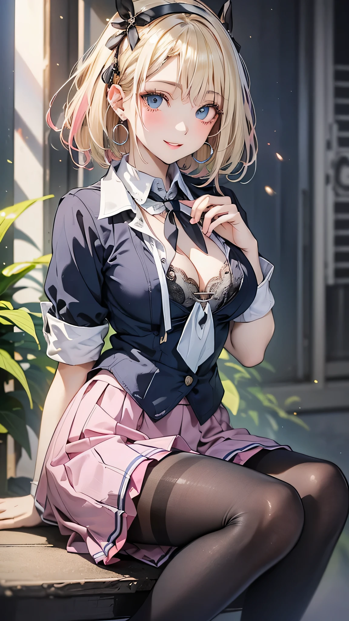 (masterpiece:1.5), (Medium breast), 1 girl, young woman, (beautiful girl:1.5), (Highly detailed and delicate anime faces and eyes:1.5), whole body, (Natural light, High resolution, Highly detailed CG:1.3), (Dynamic posture:1.3), {correct body anatomy}, (Beautifully detailed face), (Beautiful attention to detail),Single Focus, (Slender and beautiful girl), Beautiful Lips, Thick lips, {Surreal}, {Correct posture}, {Detailed clothing}, {Bright Eyes}, (Cleavage: 1.3), {accessories}, {sexy}, {One person}, (school uniform: 1.5), High school student clothing, (Summer clothes: 1.5), blouse, Short skirt, (Short skirt: 1.3), (Thigh high pantyhose: 1.3), Black Pantyhose, blouse, Ribbon tie, Lace collar with tie, High heel boots, Earrings, necklace, hair band, Hair Clip, (A light smile: 1.3), Short Hair, (Two-tone hair: 1.5), (Blonde: 1.5), (Pink Hair: 1.3), (Green Hair: 1.2), (blue eyes: 1.3),