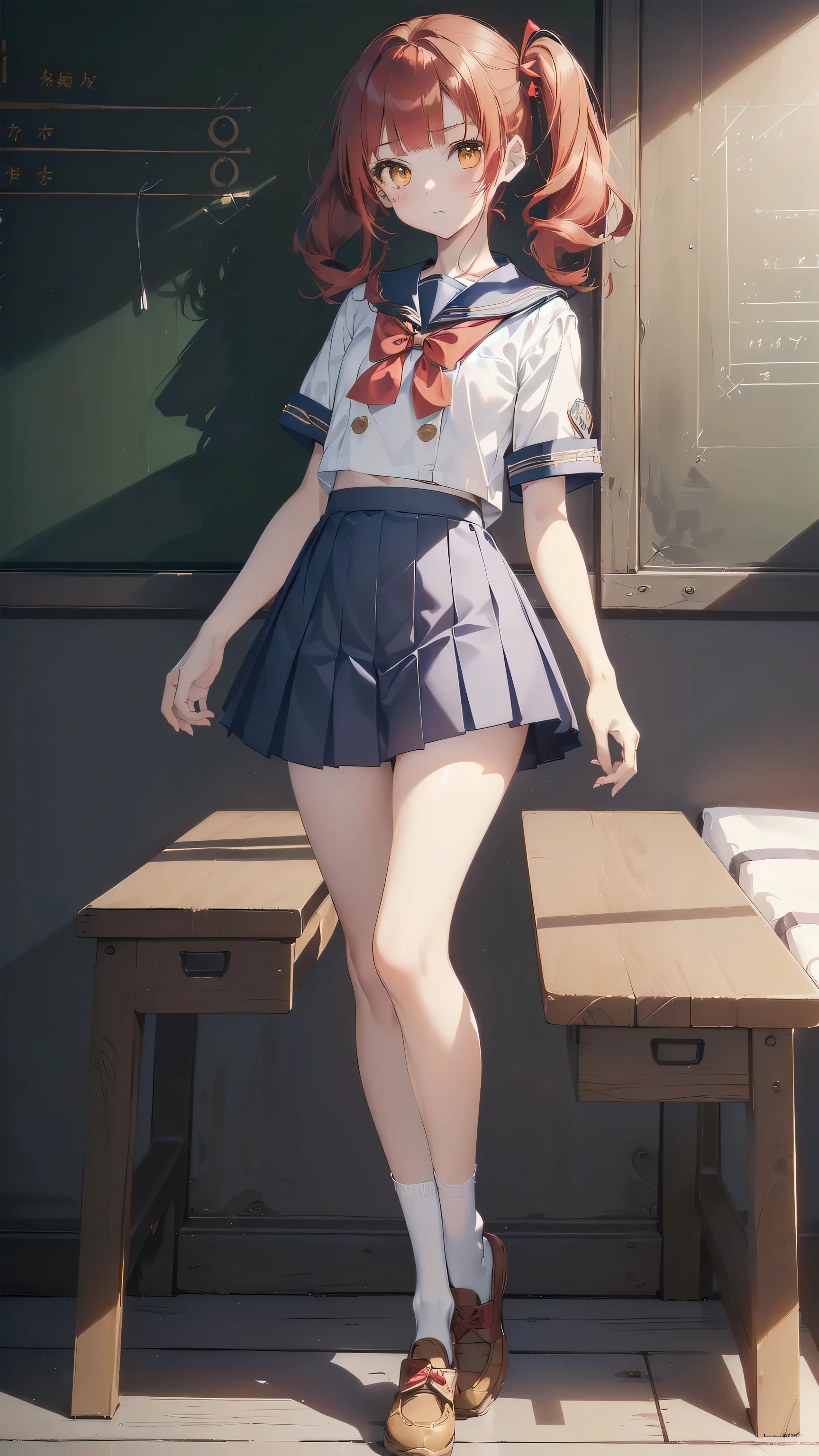 ((top quality, ultra-detailed, high resolution, extremely detailed CG, unity 8k wallpaper, by famous artist, perfect anatomy, super detailed skin, cinematic lighting, UHD, retina, anatomically correct, 1080P)), (Please draw a single one happy girl walking in a classroom school :1.3), ((1girl)), (Solo, face,-yeld:2. a junior hipetit girl, chibi, babyface)) androgynous charm, (Medium hair, ((full red hair)) ((redhead)), pigtails, straight bangs, with a bow in her hair, ((very thin legs)), ((skinny legs, thin body, small build)), Full limbs, complete fingers, ((perfect fingers and hands)), flat chest, small breasts, childish body, small butt, groin, Beautiful detailed full yellow gold eyes, perfect eyes, sailor school uniform, ((blue skirt)) and white blouse, ((red bow on the blouse)), blue sailor collar, short sleeves, stockings, socks outlined with black stripe, (Detailed Lighting), ((classroom background)), (Detailed scenary background), ((in the school zone)), full body view, ((standing)), legs. Cute, kawaii single girl (one girl), full body shot. ((Background is the school)), front body, ((left hand up, right hand down)), ((little young 13 years old body:1.3)