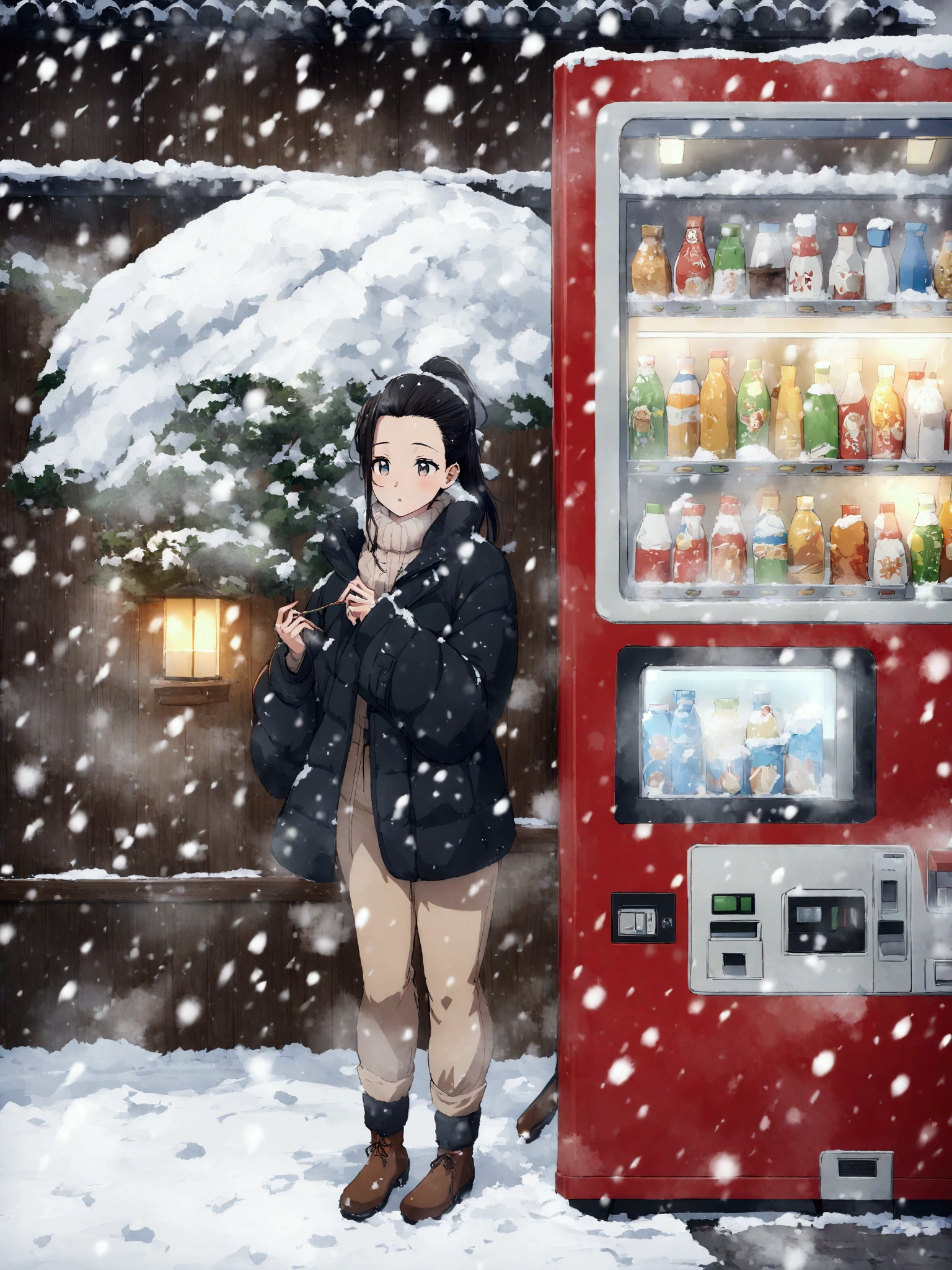 araffe woman standing in front of a vending machine in the snow, (ponytail forehead hair pulled back:1.3), (black hair:1.3), anime style mixed with fujifilm, snowing, in the snow, heavy winter aesthetics, snowy day, snowing outside, ❤🔥🍄🌪, by Torii Kiyomoto, snow fall, in snow, weather photography, during snowfall, snowfall,