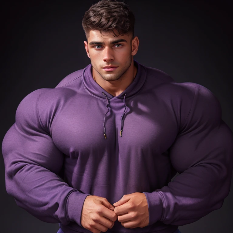 a very handsome young man, mid fade haircut, with massively large, massively muscular muscles, wearing a simple purple sweatshirt with long sleeves, on a black background