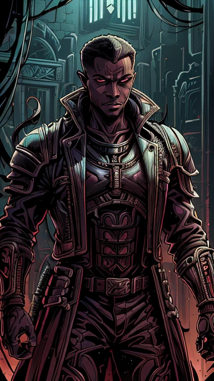 (1boy, african, b2lad3), (extremely detailed CG unit 8k wallpaper),(master part), (best quality), (ultra detail), (best illustration),(Dan Mumford style), cowboy shot, (Sharp eyeliner, ombre, detail eyes), dark dungeon interiors background, ,break , (vamptech),