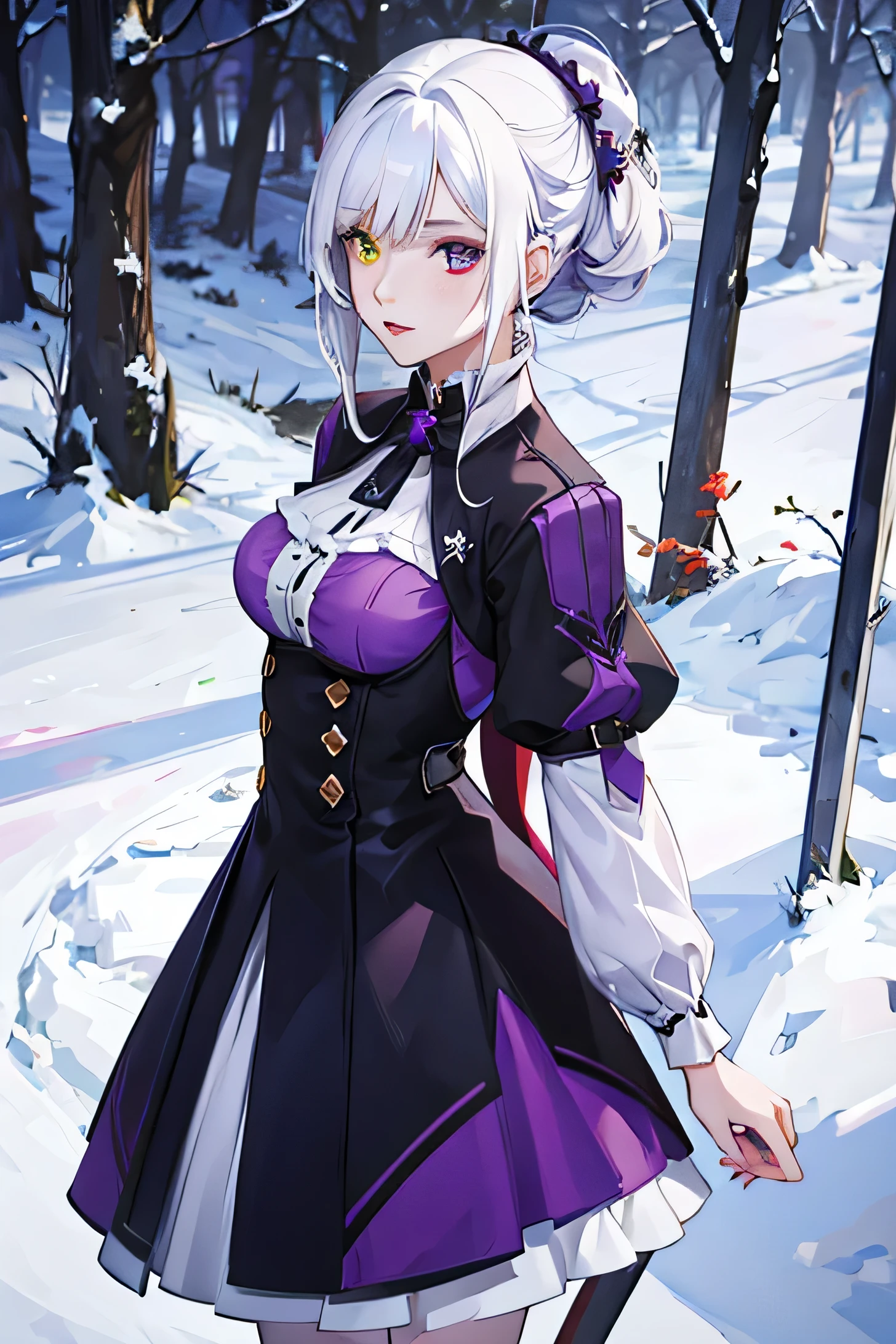 Young woman. Long snow white hair. Complex hairstyle. heterochromia, Right eye purple. Modern clothes.