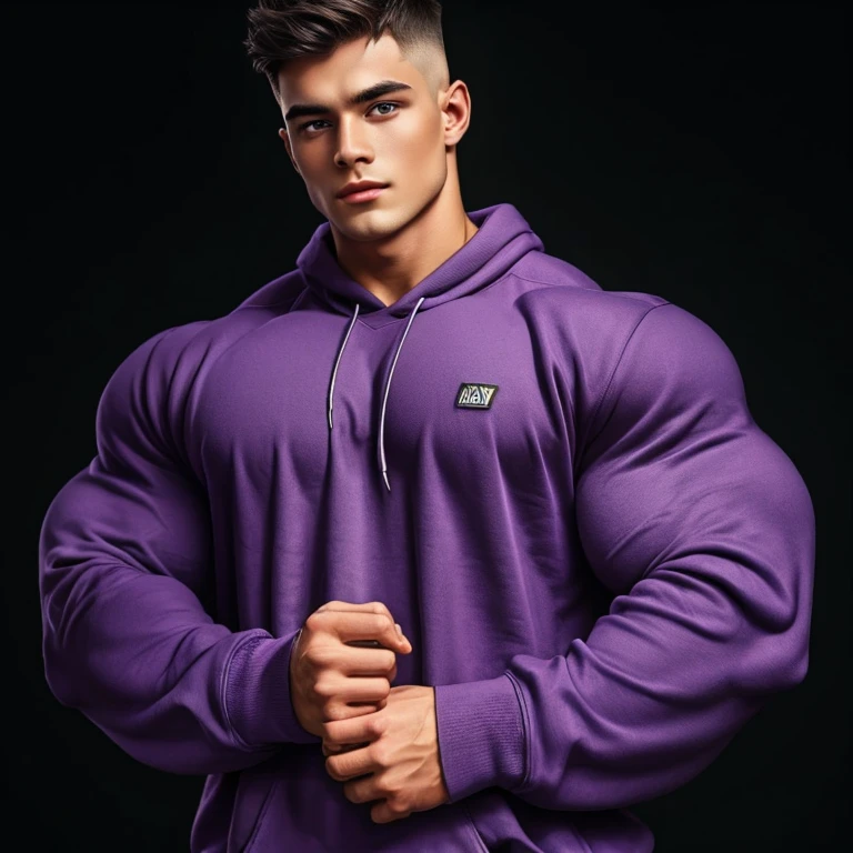 a very handsome young man, mid fade haircut, with massively large, massively muscular muscles, wearing a simple purple sweatshirt with long sleeves, on a black background