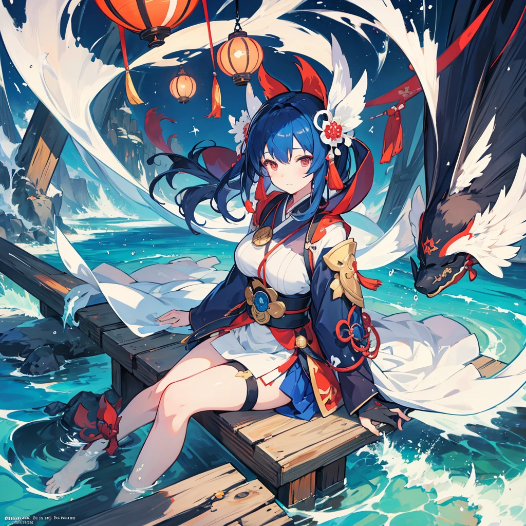 anime girl sitting on a bench with a lantern in her hand, onmyoji detailed art, pixiv contest winner, kawacy, digital art on pixiv, pixiv, pixiv style, arknights style, cantabile, cantabile arknights, oneesan,medium boobs, at pixiv, trending on artstation pixiv, by Shitao, guweiz on pixiv artstation, onmyoji, a beautiful artwork illustration