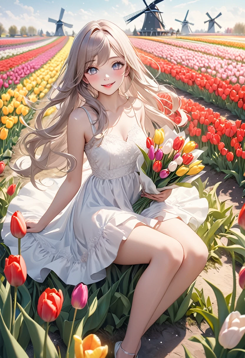 cute girl at colorful tulip fields, windmills, sitting in a beautiful posing, Holding gently a bouquet of tulips:1.2, gently smile, flowing hair, beautiful delicate(hair,face,eyes,pupils,white dress,thigh,knee,tulips, windmills), sparkling eyes, shining lips, front view, view below, masterpiece:1.2,highest quality, highres, 16k, hyper-realistic, photo realistic:1.37, super detailed, pastel tone, Foreground: petals dancing in the wind at tulip fields