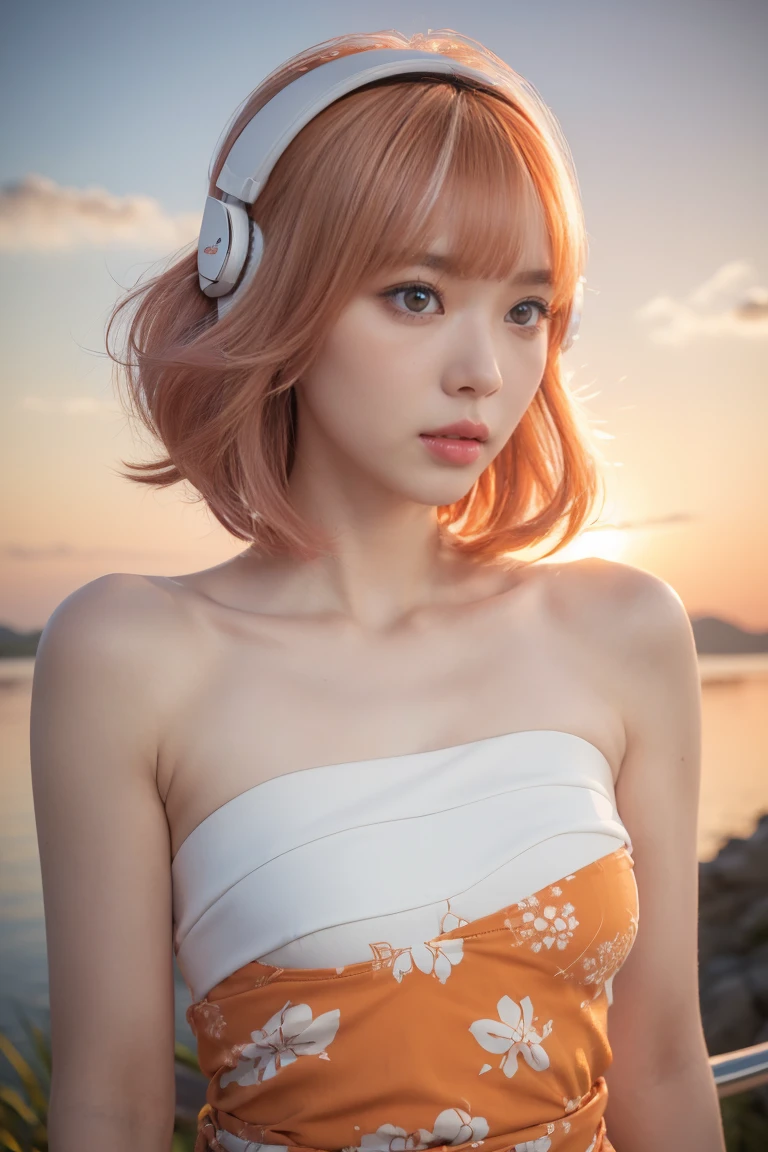 Top Quality, Masterpiece, Super High Resolution, (Actual:1.3), Original Photo, (Nature Photography), (Magnificent mountaintop, Sea of clouds), (Very wide mountain top), (Sunrise), (Girl), (Upper body), (Natural Light: 1.0), (Side View: 0.0), (Cowboy Shot: 0.0), (upper body: 1.8), (Close-up: 0.8), Portrait, Cinematic Lighting, Glow, Ray tracing, reflected light, f135mm, UHD, accurate, skin texture, super detail, great detail, high quality, highest quality, 8k, (surrealism: 1.2), BREAK, (Japanese: 1.3), (25 years old: 1.0), (Small breasts: 1.6), (Long, large, slit eyes: 1.8), (Realistic eyes: 1.8), (Height at 160cm: 1.2) , (Transparent white skin: 1.2), (Short curly bright pink hair with bangs: 1.3), (Deep eyeshadow makeup: 1.4), BREAK, (Correct hand: 1.6), (Correct fingertips: 1.6), Sexy pose, (Place hand near cheek: 1.8), BREAK, (Big white headphones: 1.4), (Wearing an orange and white printed strapless dress: 1.4), BREAK, Japanese patterns of kimono, ((kimono)), ((Mixed race with French:1.3))