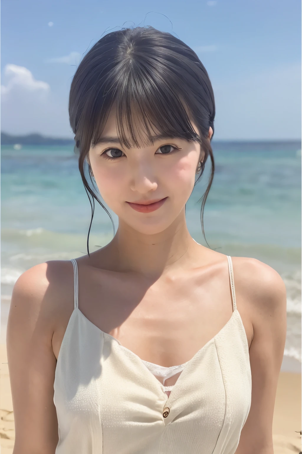 8k, highest quality, masterpiece, super high resolution, (realistic:1.4), RAW Photos, (Film Grain:1.3), One Girl, portrait of a skinny Japanese woman, 30 years old, standing on the beach, a cute face, detailed face, detailed eyes, {short|long} hair, correct body anatomy, wearing a see-through white dress, photogravure