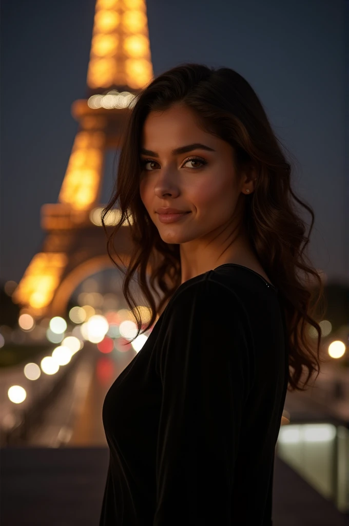 Beautiful realistic Moroccan girl with dark brown eyes, with his cat, 26 years old, woman in a stylish black dress, enjoying a night standing in front of the Eiffel tower, with the iconic landmark and singularly featured in the background, ((with the model showing a full body view)), almond-shaped eyes, oval face shape, prominent cheekbones, and naturally wavy hair ,with a height of 170 cm, high resolution, masterpiece, best quality, complex details, highly detailed, sharpness, detailed skin texture, perfect eye details, profession, 4k resolution, charming smile, shot with Canon, depth of field, Kodak Vision color, extremely detailed, ultra-realistic photography, photo realistic, post processing, maximum detail, true to life, Instagram model, ensure the entire body of the model is shown