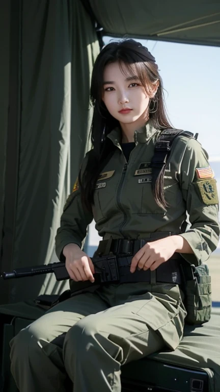 Female special forces soldier Alice wearing M-51 military uniform，Wearing a helmet，Sitting in the cab of Luther&#39;s jeep。Hands on the steering wheel，Her belt magazine pouch is full，The Chinese armband and eagle armband on her arm seem to tell of her perseverance and courage.。
