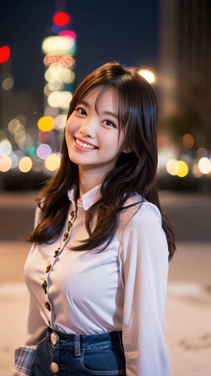 (1 girl, (The buttons on the front of her blouse are undone.:1.2), Beautiful Japanese actresses,
(RAW Photos, highest quality), (Realistic, Photorealistic:1.4), masterpiece, 

Very delicate and beautiful, Very detailed, 2k wallpaper, wonderful, 
finely, Very detailed CG Unity 8k 壁紙, Very detailed, High resolution, 
Soft Light, Beautiful detailed girl, Very detailed目と顔, Beautiful and detailed nose, Beautiful and detailed, Cinema Lighting, 

BREAK

(Snowy night cityscape as background 1.3), City lights, 
Perfect Anatomy, Slender body, Medium breasts, kind smile, medium shot or cowboy shot, SFW)