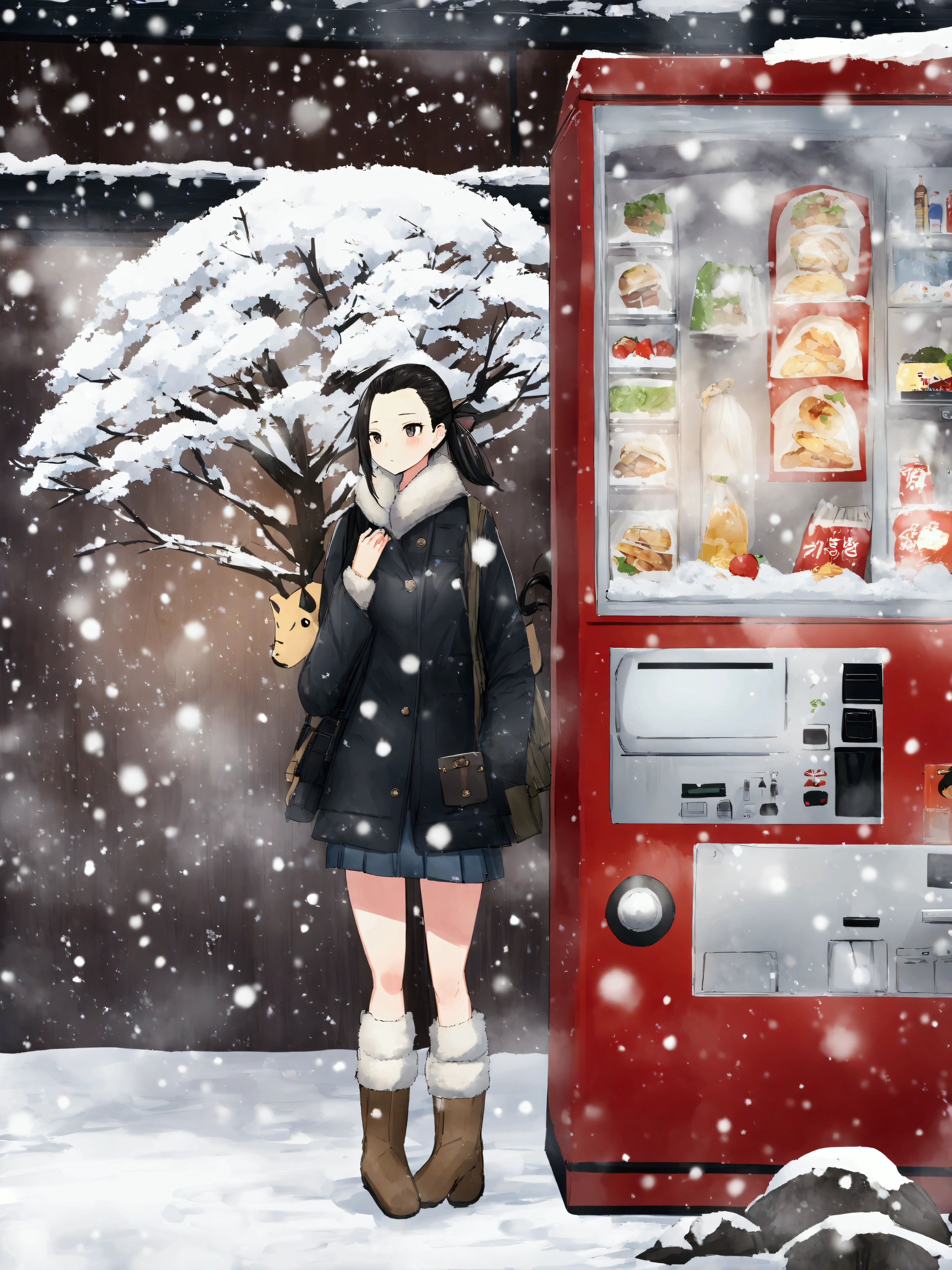 araffe woman standing in front of a vending machine in the snow, (ponytail forehead hair pulled back:1.3), (black hair:1.3), anime style mixed with fujifilm, snowing, in the snow, heavy winter aesthetics, snowy day, snowing outside, ❤🔥🍄🌪, by Torii Kiyomoto, snow fall, in snow, weather photography, during snowfall, snowfall, inspired by Kaii Higashiyama, from girls frontline, fine details. girls frontline, anya from spy x family, girls frontline universe, girls frontline style, girls frontline, girls frontline cg, yayoi kasuma, female protagonist 👀 
