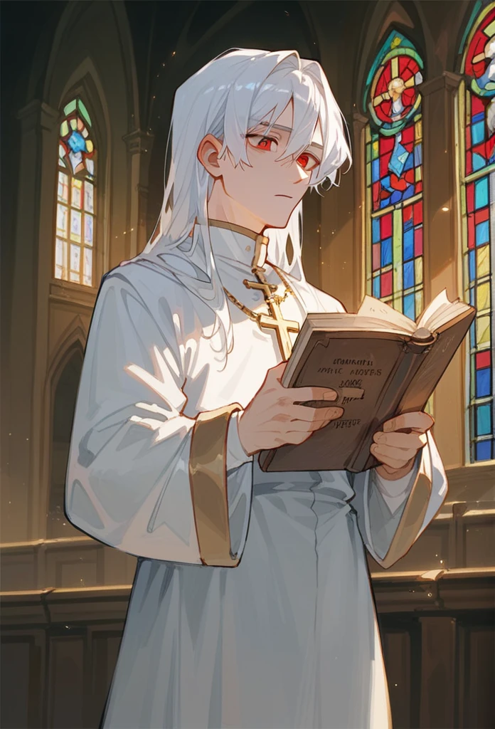 A priest has long white hair, with two bangs. He has red eyes and wears a typical priest's outfit. He is a young man, holding a bible, standing in church.