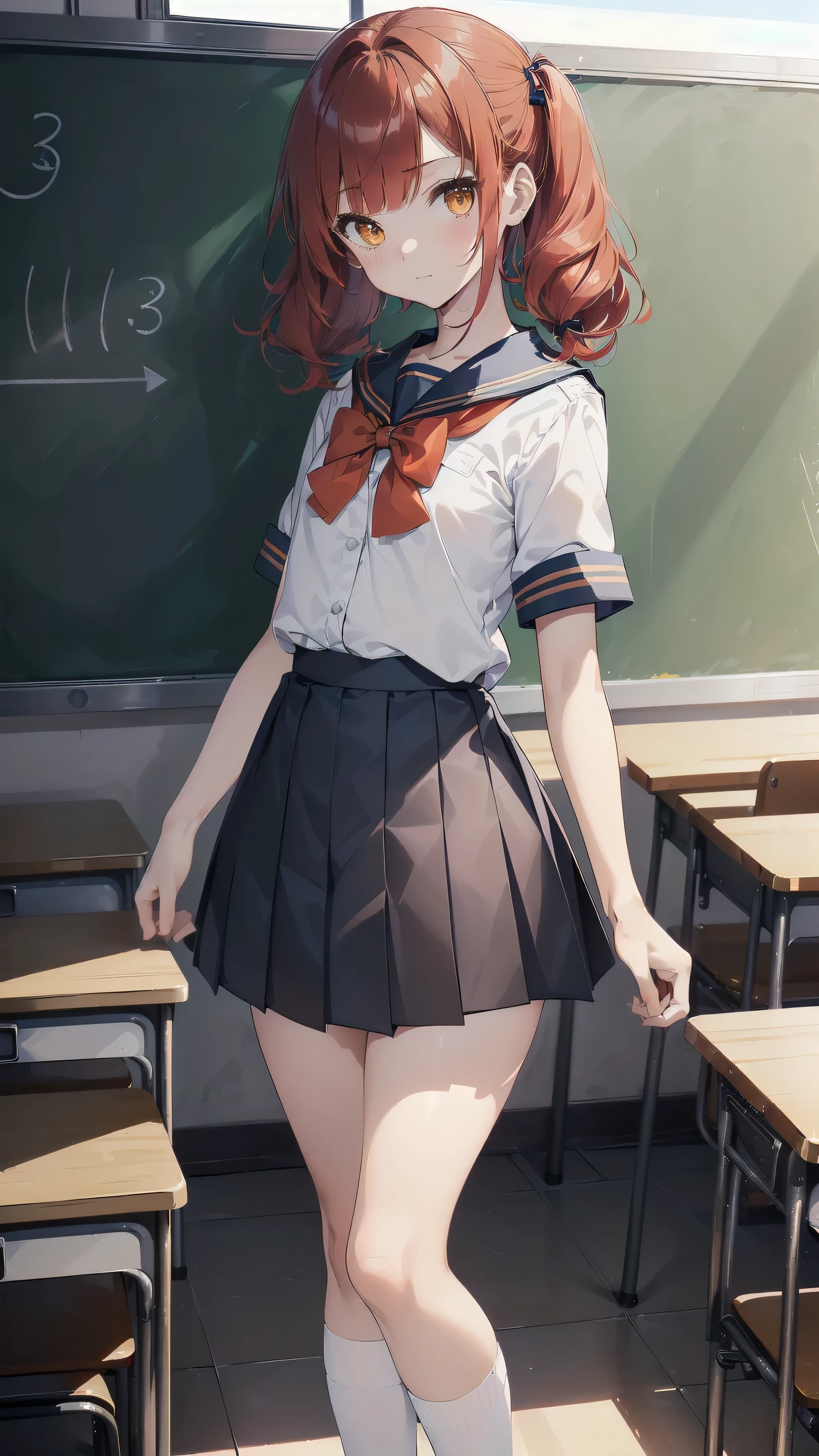 ((top quality, ultra-detailed, high resolution, extremely detailed CG, unity 8k wallpaper, by famous artist, perfect anatomy, super detailed skin, cinematic lighting, UHD, retina, anatomically correct, 1080P)), (Please draw a single one happy girl walking in a classroom school :1.3), ((1girl)), (Solo, face,13-year-old:2.0), a junior high school student, ((cute petit girl, chibi, babyface)) androgynous charm, (Medium hair, ((full red hair)) ((redhead)), pigtails, straight bangs, with a bow in her hair, ((very thin legs)), ((skinny legs, thin body, small build)), Full limbs, complete fingers, ((perfect fingers and hands)), flat chest, small breasts, childish body, small butt, groin, Beautiful detailed full yellow gold eyes, perfect eyes, sailor school uniform, ((blue skirt)) and white blouse, ((red bow on the blouse)), blue sailor collar, short sleeves, stockings, socks outlined with black stripe, (Detailed Lighting), ((classroom background)), (Detailed scenary background), ((in the school zone)), full body view, ((standing)), legs. Cute, kawaii single girl (one girl), full body shot. ((Background is the school)), front body, ((left hand up, right hand down)), ((little young body:1.3))