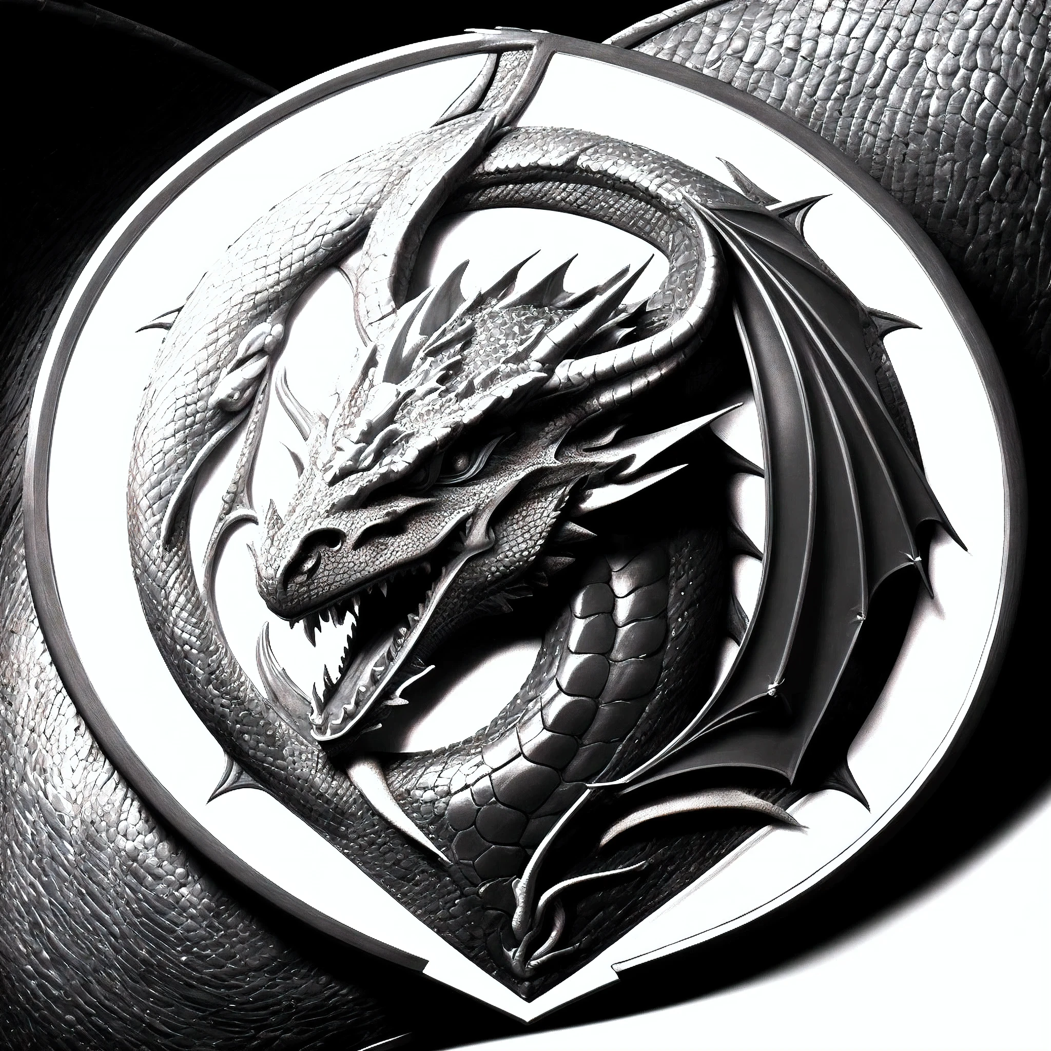 close-up of a dragon's head on a black belt, White Dragon, White Dragonий - кожа, dragon in the background, Black and whiteHigh detail, detailed dragon, Dragon Design Language, high detail shot, high detail and very sharp, high detail hyperrealistic, dragon art, dragon centered, high detail iconic character, Sculptural dragon features, high detail!!!