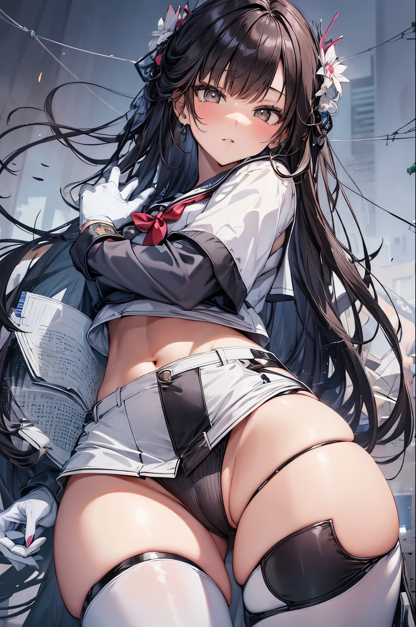 1girl, solo, standing,marciana, (white serafuku,black mini skirt:1.3),navel,dark brown hair,very long hair, white panty,white gloves, narrow waist, wide hips, large ass,blush,masterpiece,Noise Reduction,perfect anatomy,high resolution, ultra-detailed, ultra-detailed face,game cg,dutch angle ,beautiful detailed eyes,visualart,five fingers, perfect hands, perfect lighting, sparkling pupils,