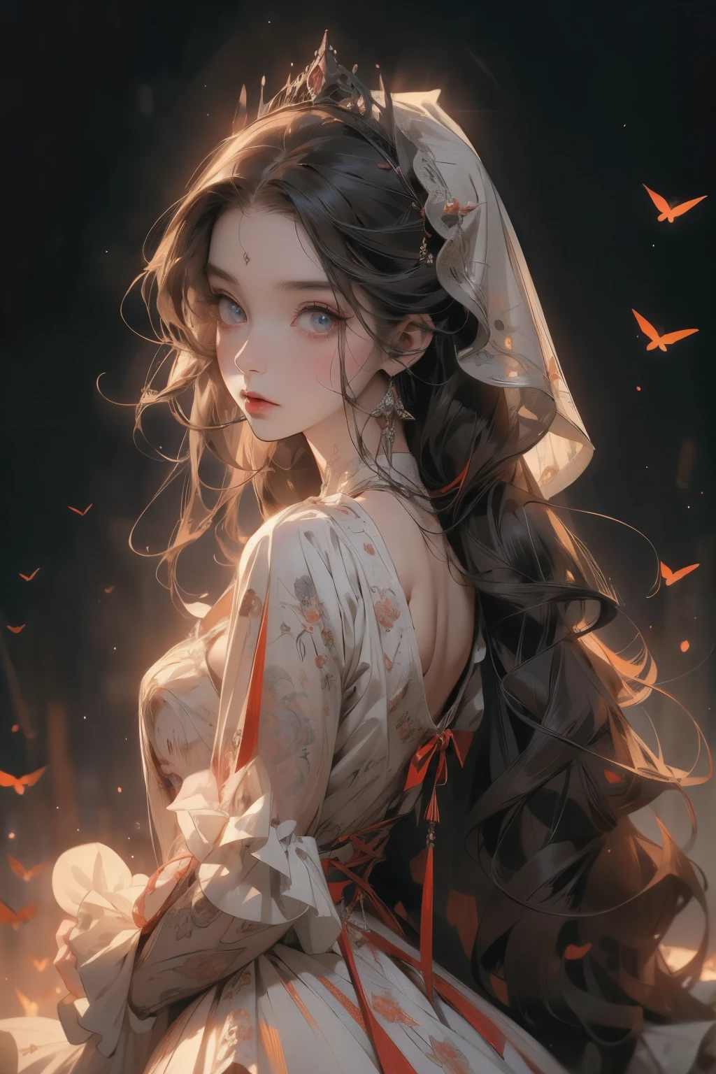 （（best qualtiy））， （（tmasterpiece））， （detail：1.4）， 。.3D， Beautiful cyberpunk female images，hdr（HighDynamicRange），Ray traching，NVIDIA RTX，Hyper-Resolution，illusory 5，sub surface scattering，PBR textures，post-proces，Anisotropy Filtering，depth of fields，maximum definition and sharpness，Many-Layer Textures，Albedo e mapas Speculares，Surface coloring，Mitsu-Accurate simulation of material interactions，perfectly proportioned，rendering by octane，Two-colored light，largeaperture，Low ISO，White balance，Rule three points、8K raw data、beautiful bright pupils，off-the-shoulder clothes，Fine pupils，Delicate face and eyes，long eyelasher，Blushlush，Delicate and fluffy hair，pink lip，Pure，Cute big breasts，Sweet girl，Artistic sense，Casual wear，Advancedsense，butterflys，Cherry blossom petal，Beautiful hair accessories，Long hair and waist，Hair fluttering in the wind