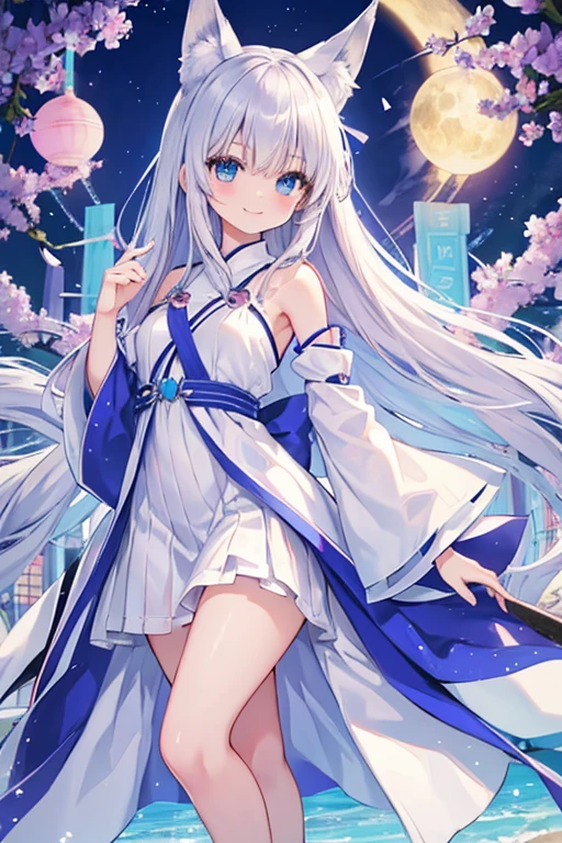anime、Silver Hair、Fox ears、Young、Long Hair、Blue eyes、height１３８centimeter、Miko costume、smile、Company、torii、geta、Fox Tail