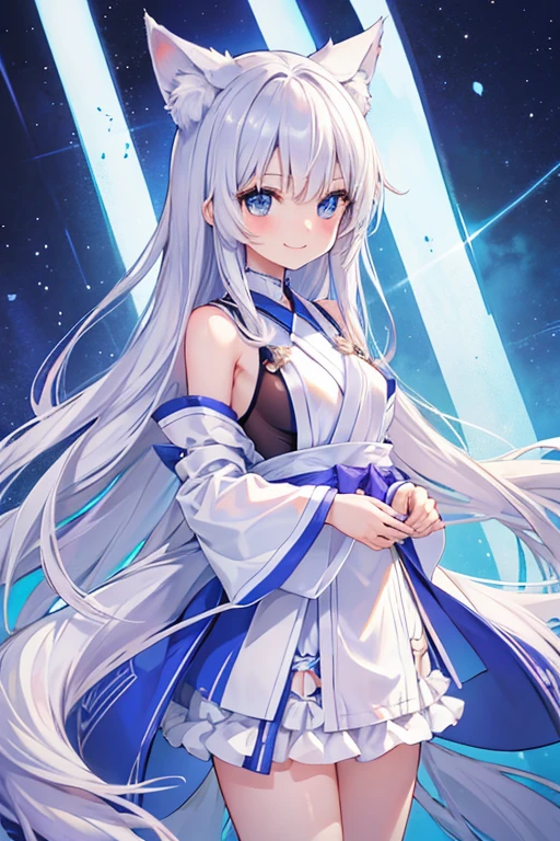 anime、Silver Hair、Fox ears、Young、Long Hair、Blue eyes、height１３８centimeter、Miko costume、smile、Company、torii、geta、Fox Tail