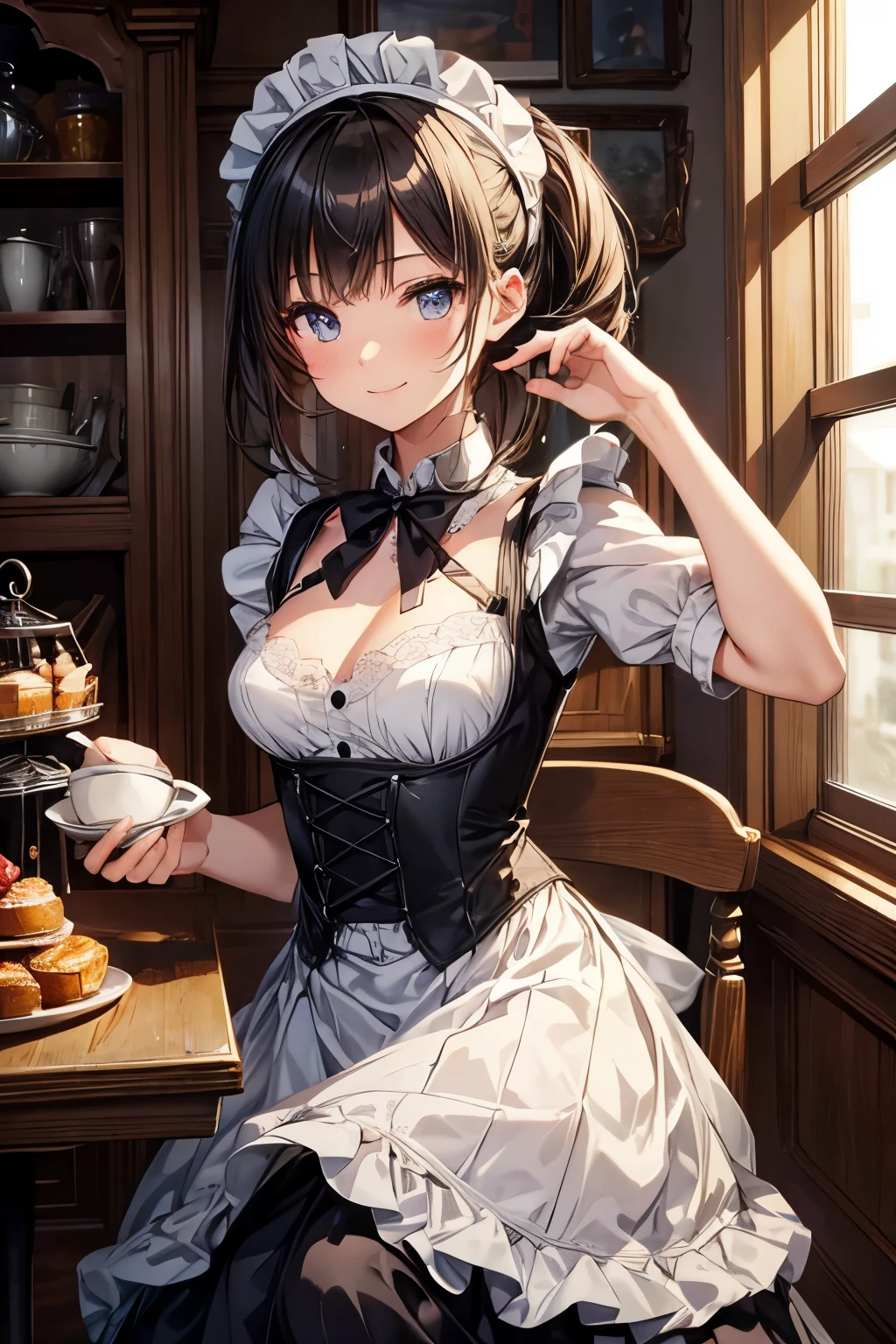 masterpiece,Highest quality,Very detailed,Maid Girl,Maid clothes,Long Skirt, ager,Perfect Face,smile,Beautiful and detailed eyes,Beautiful Skin,skinny,Small breasts,Dynamic,Antique coffee shop,Dynamic Angles