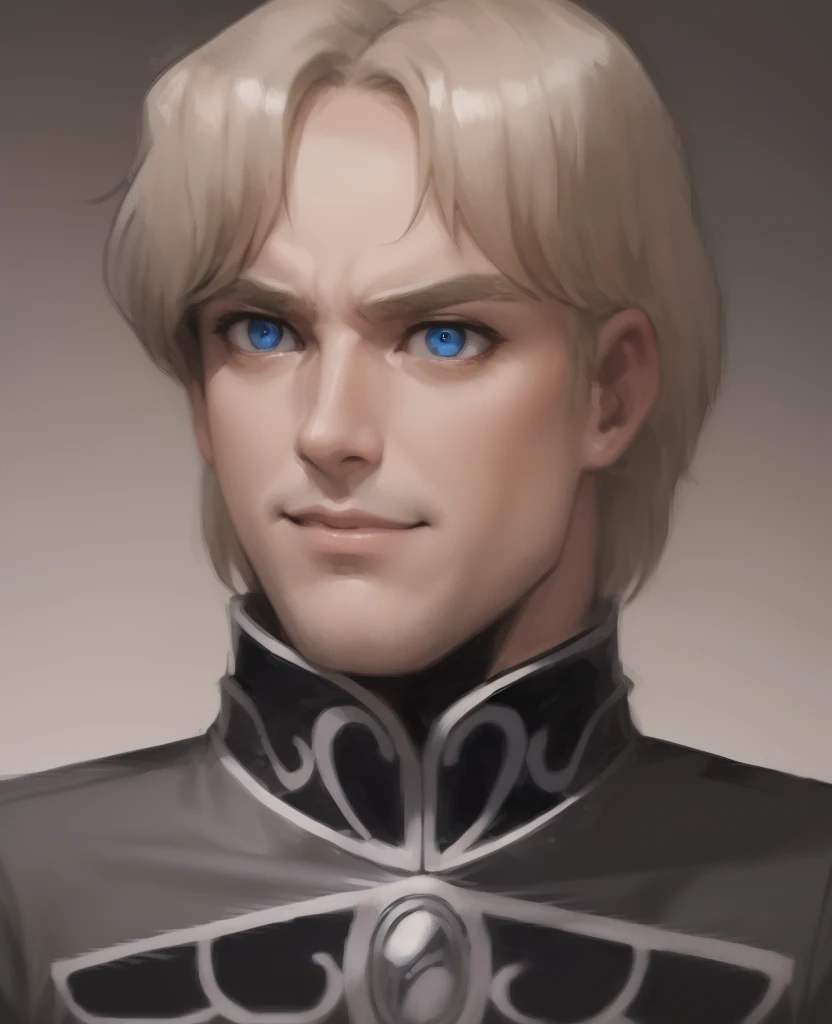 Illustration of a man, military uniform, an illustration inspired by Kanō Hōgai, Tumblr, romanticism, Wolfgang Mittermeyer, portrait, blonde hair, the sandman from graphic novel, deep focus, wearing a high-collared uniform, a silver breastplate over a black tunic with intricate designs. The tunic is adorned with silver accents. The uniform features a structured fit, emphasizing his commanding presence. His piercing blue eyes reflect his ambition and determination, and his expression exudes confidence and authority. manly features, man, manly, smile, strong gaze, mouth closed, mouth shut