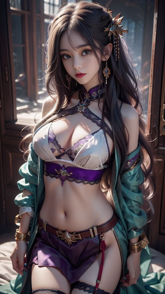 8 K, ultra HD, masterpiece, HD colors, 1 girl, perfect face, Very long curly hair, detailed eyes, simple clothes, ((purple clothes)), stocking, ((Cryzada lace on belly)),  belts, Clean clothes, Loops, Jewelry, perfect pose, sex, nsfw, porn, nipples, bare chest, naked girl, boy, orgasm, sex, sex, 🔞🔞🔞