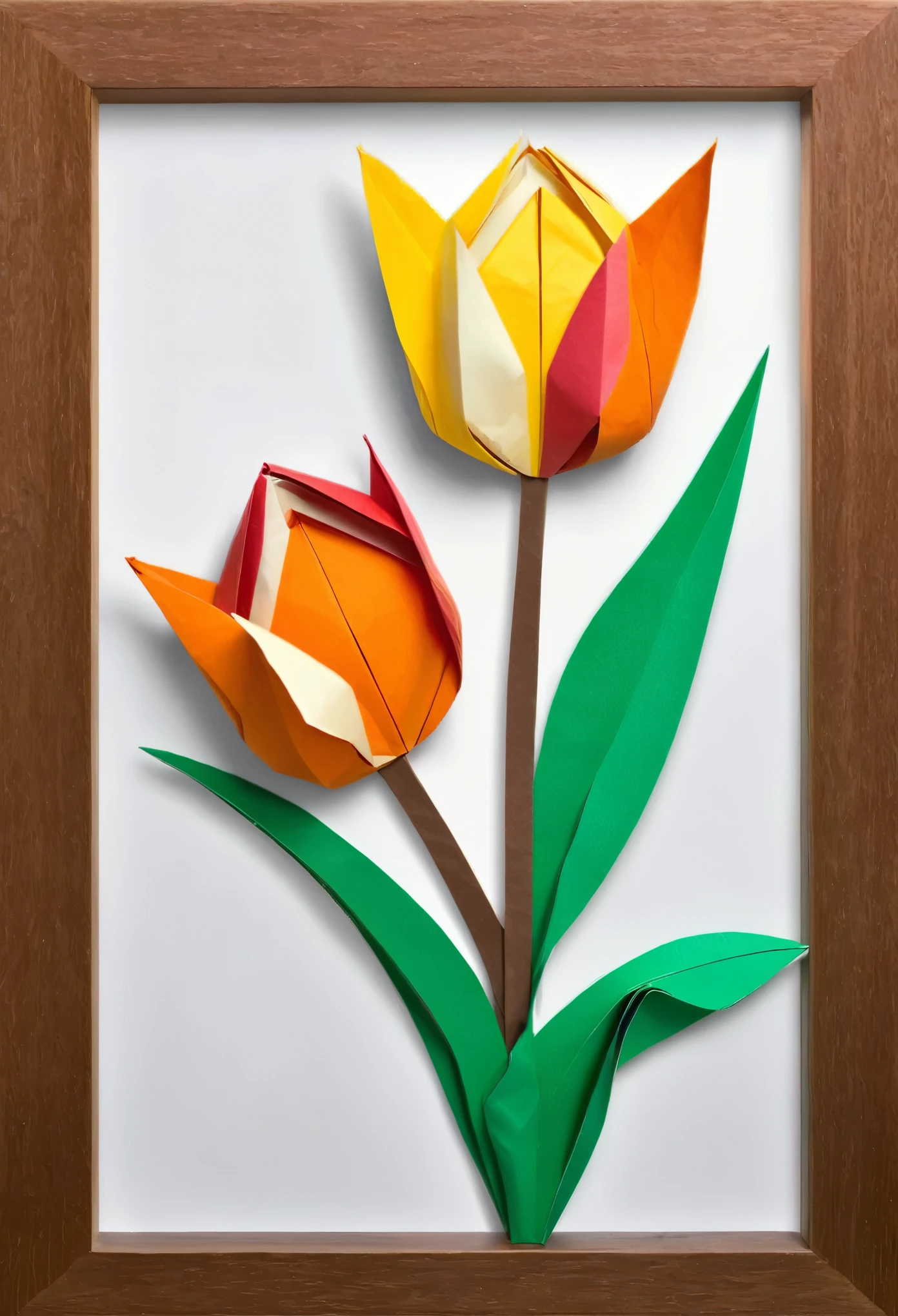 Tulip Origami Art, Delicate origami, Framed, Complex folds, coloured paper, フォトRealistic:1.2, Realistic, masterpiece:1.2.