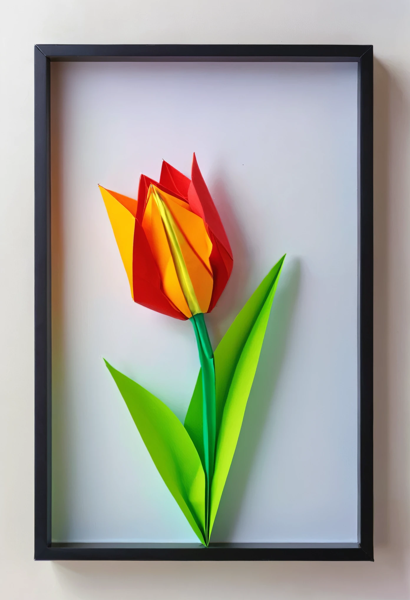 Tulip Origami Art, Delicate origami, Framed, Complex folds, coloured paper, フォトRealistic:1.2, Realistic, masterpiece:1.2.