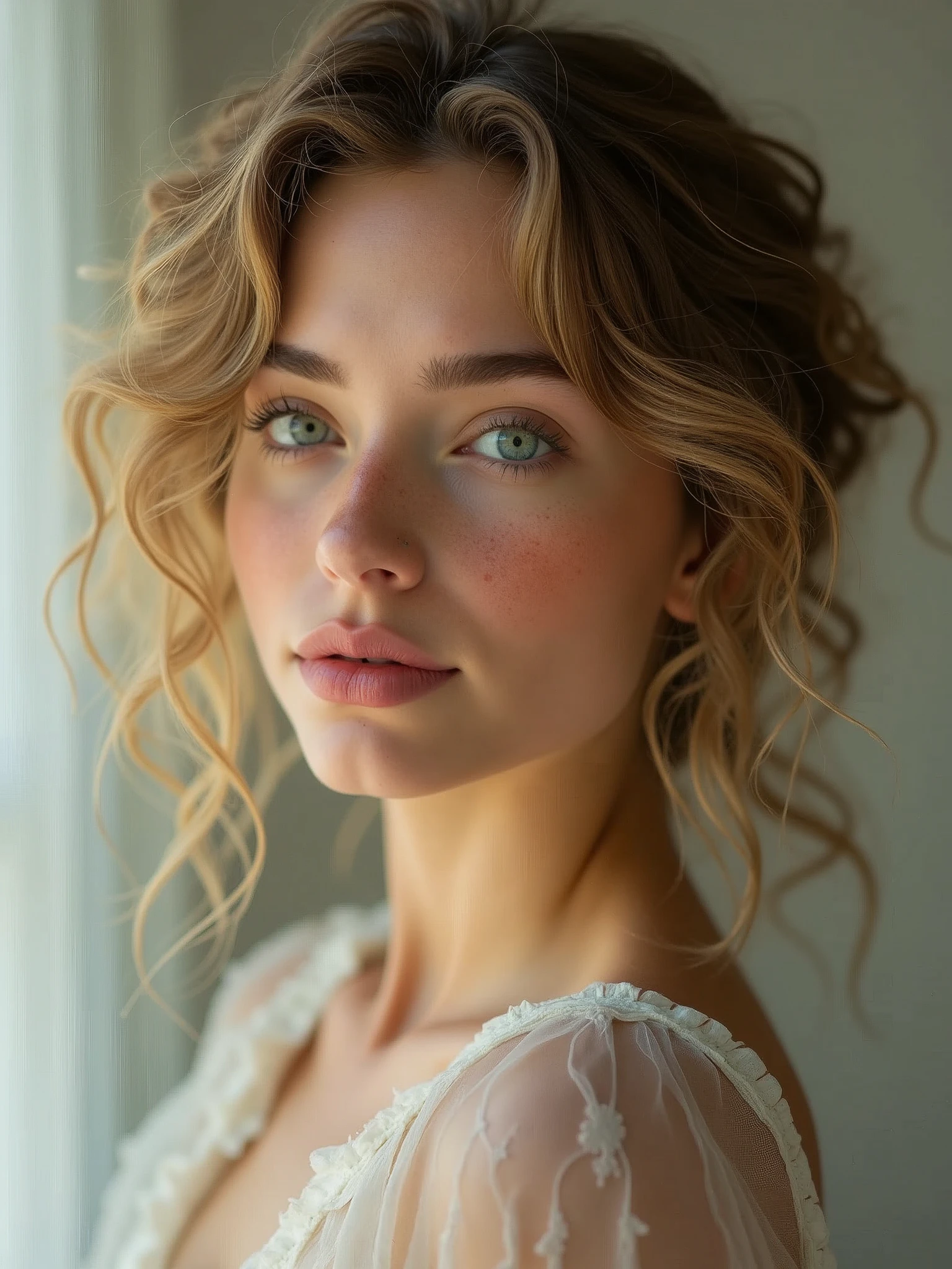 (best quality,highres,masterpiece:1.2),ultra-detailed,photorealistic:1.37,portrait,beautiful woman,curly hair,freckles,detailed eyes,detailed lips,dirty blonde hair,vibrant colors,soft lighting,studio setting,feminine,pensive expression,graceful pose,delicate features,subtle makeup,bokeh,shallow depth of field,subtle smile,rosy cheeks,airy feel,artistic composition, (((sfw)))